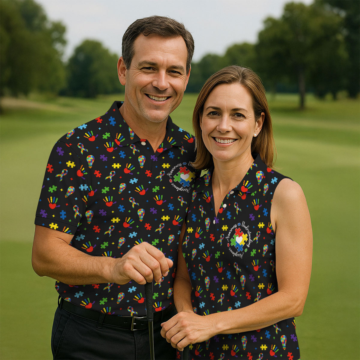 Awareness Understanding Acceptance Autism Ribbon Black Golf Shirt, Autism Awareness Colors Women's Golf Tops