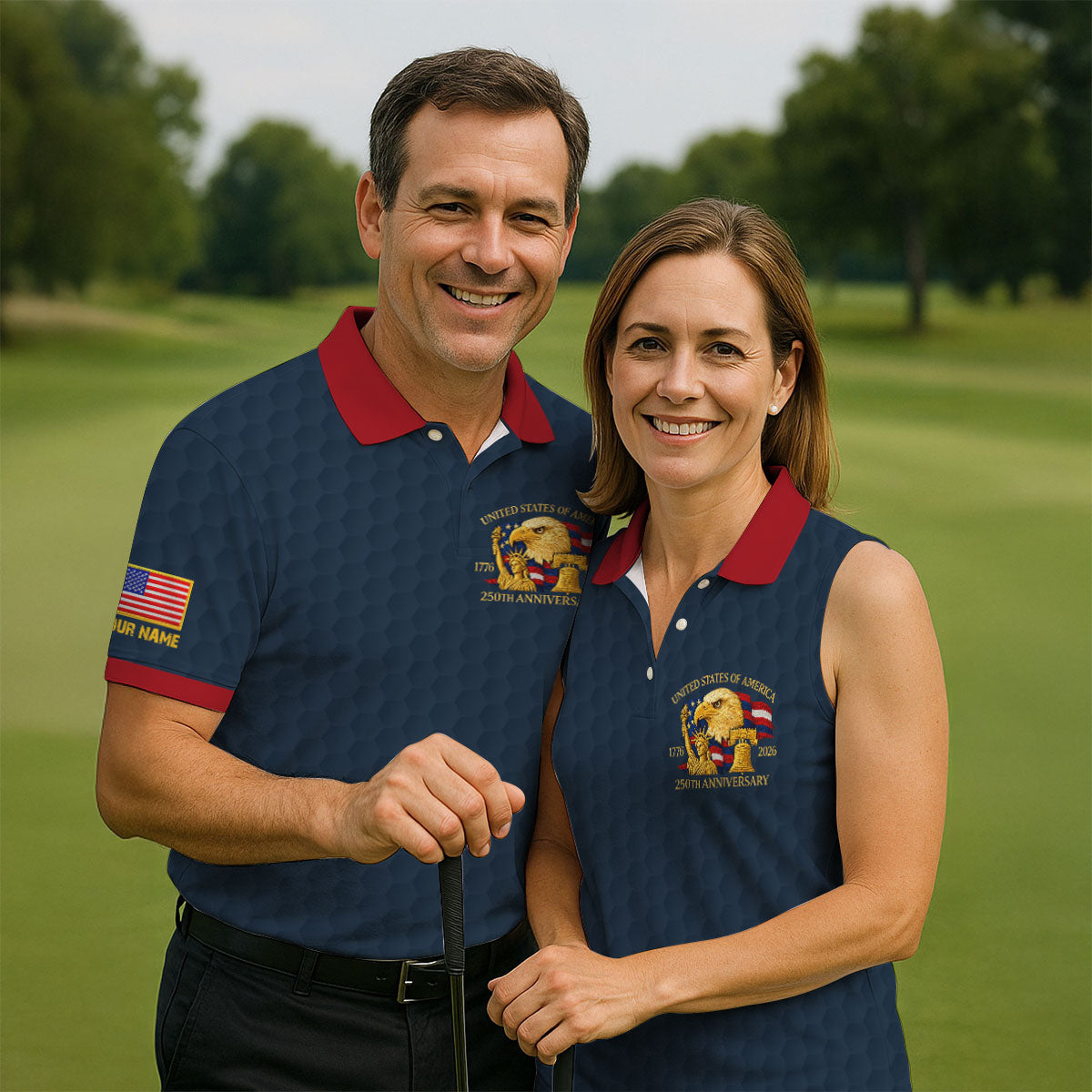 United States 250th Anniversary Patriotic Eagle Navy Custom Golf Shirts, 4th Of July Golf Shirt For Women