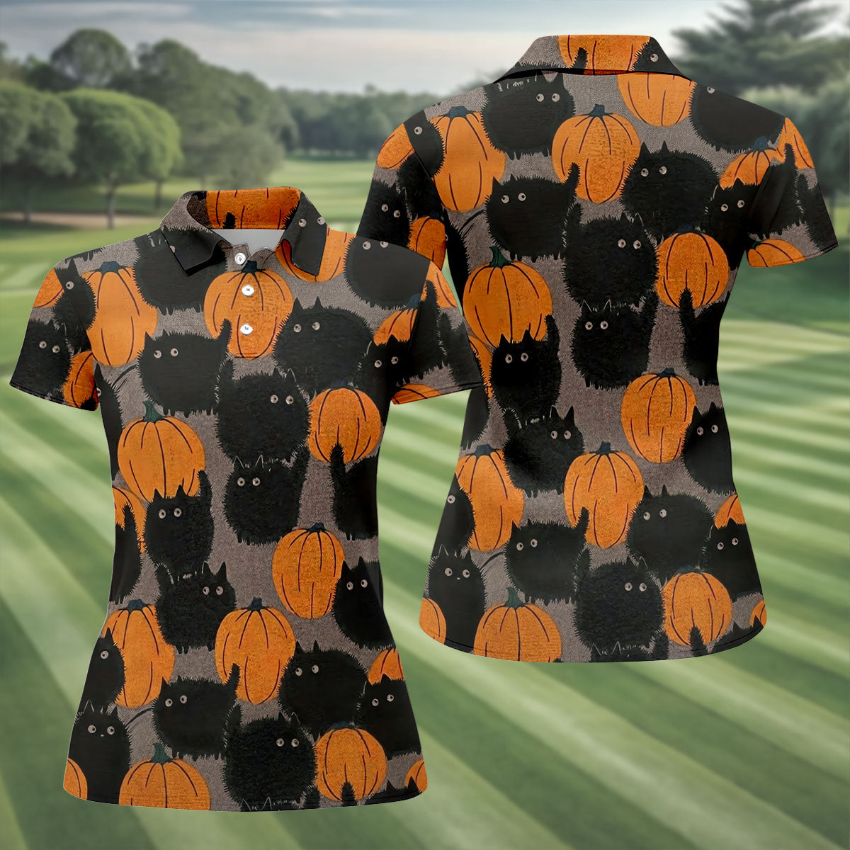 Black Cat Pumpkin Halloween Golf Polo Shirt, Women's Golf Apparel, Golf Shirts For Women
