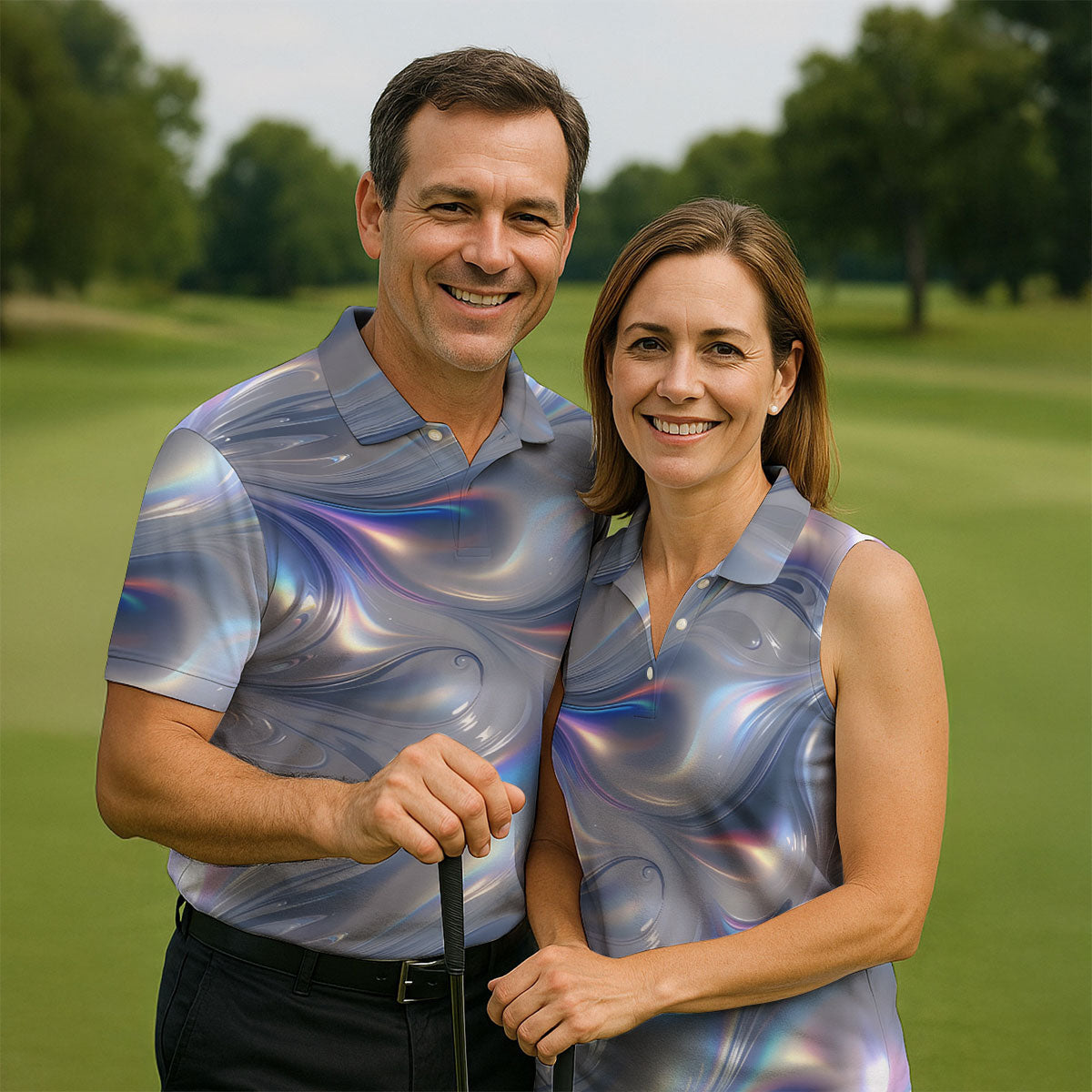 Silver Marble Golf Shirt, Futuristic Holographic Wave Pattern, Golf Shirt For Men