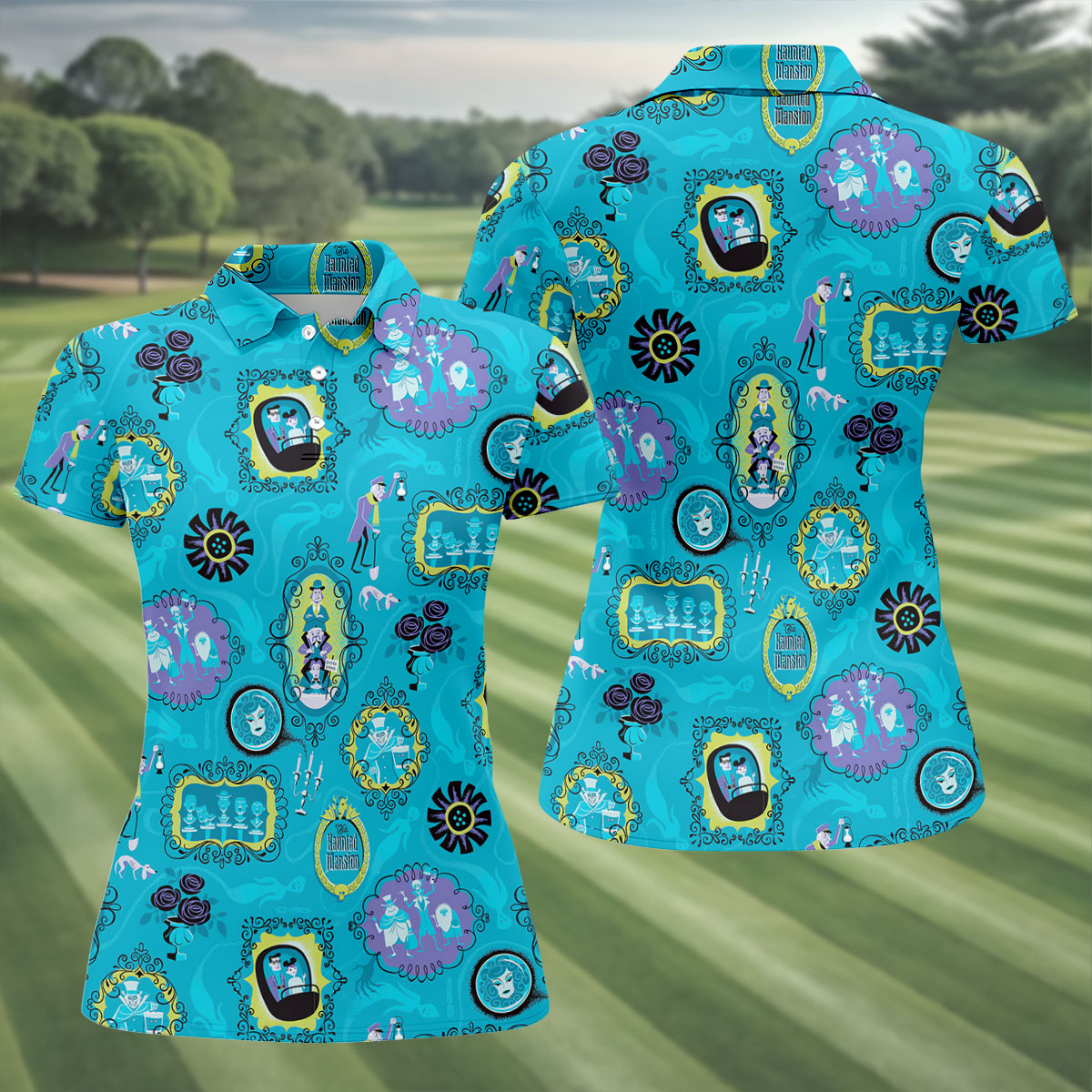 Blue Ghost Portrait Gallery Halloween Polo Shirt, Golf Polo For Women, Ladies Golf Shirts