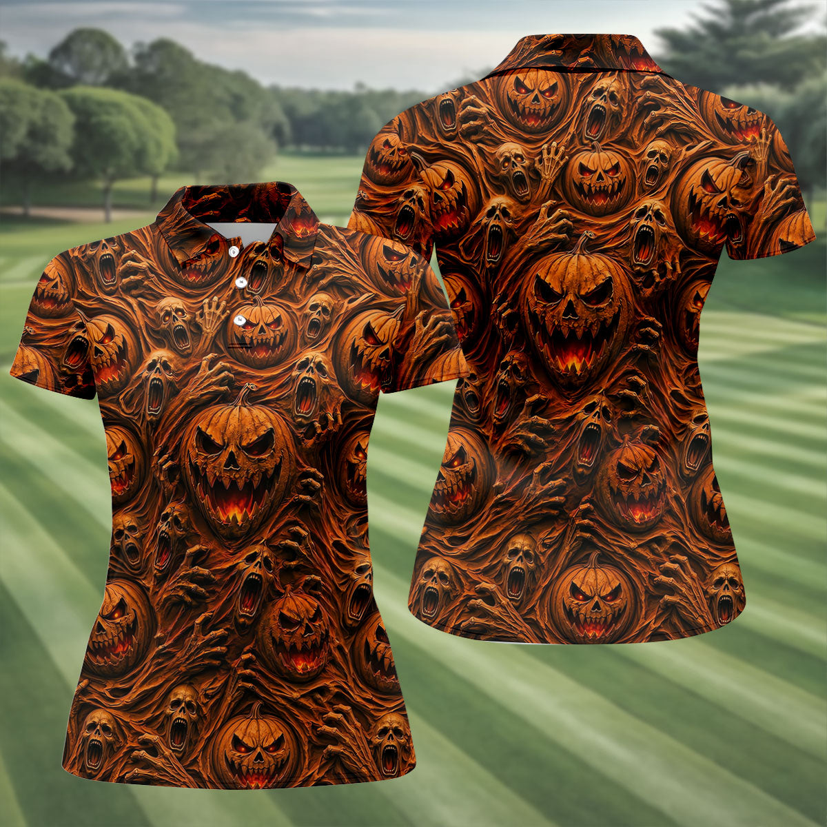 Halloween Evil Pumpkin Ghost Horror Character Polo Shirt, Golf Polo, Womens Golf Tops