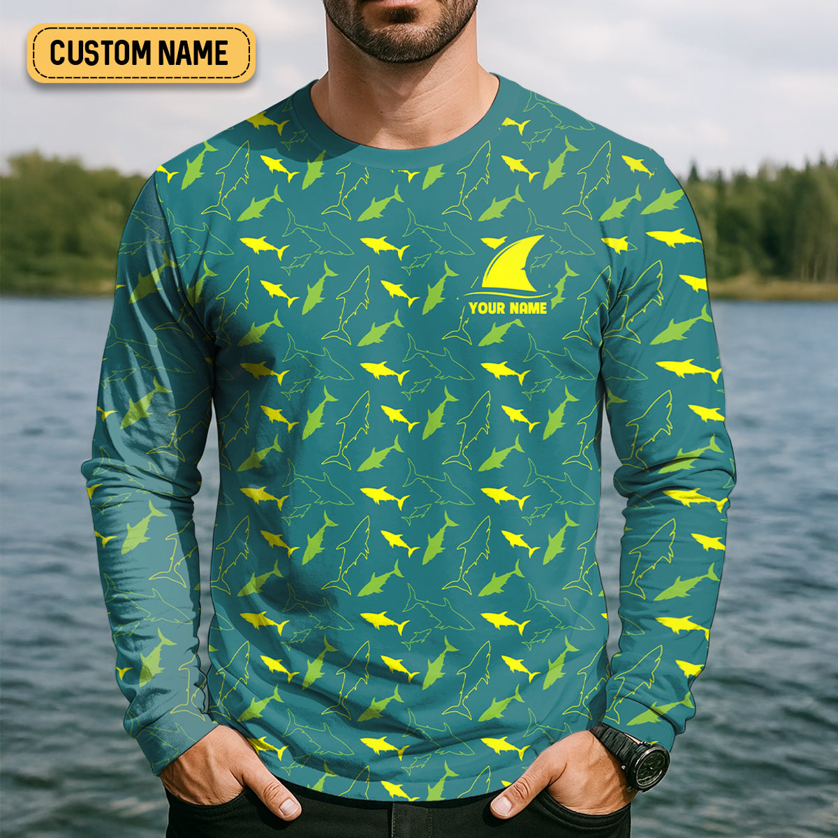 Green And Yellow Shark Pattern Performance Fishing Shirts, SPF Shirt For Men, Fishing Gifts For Men
