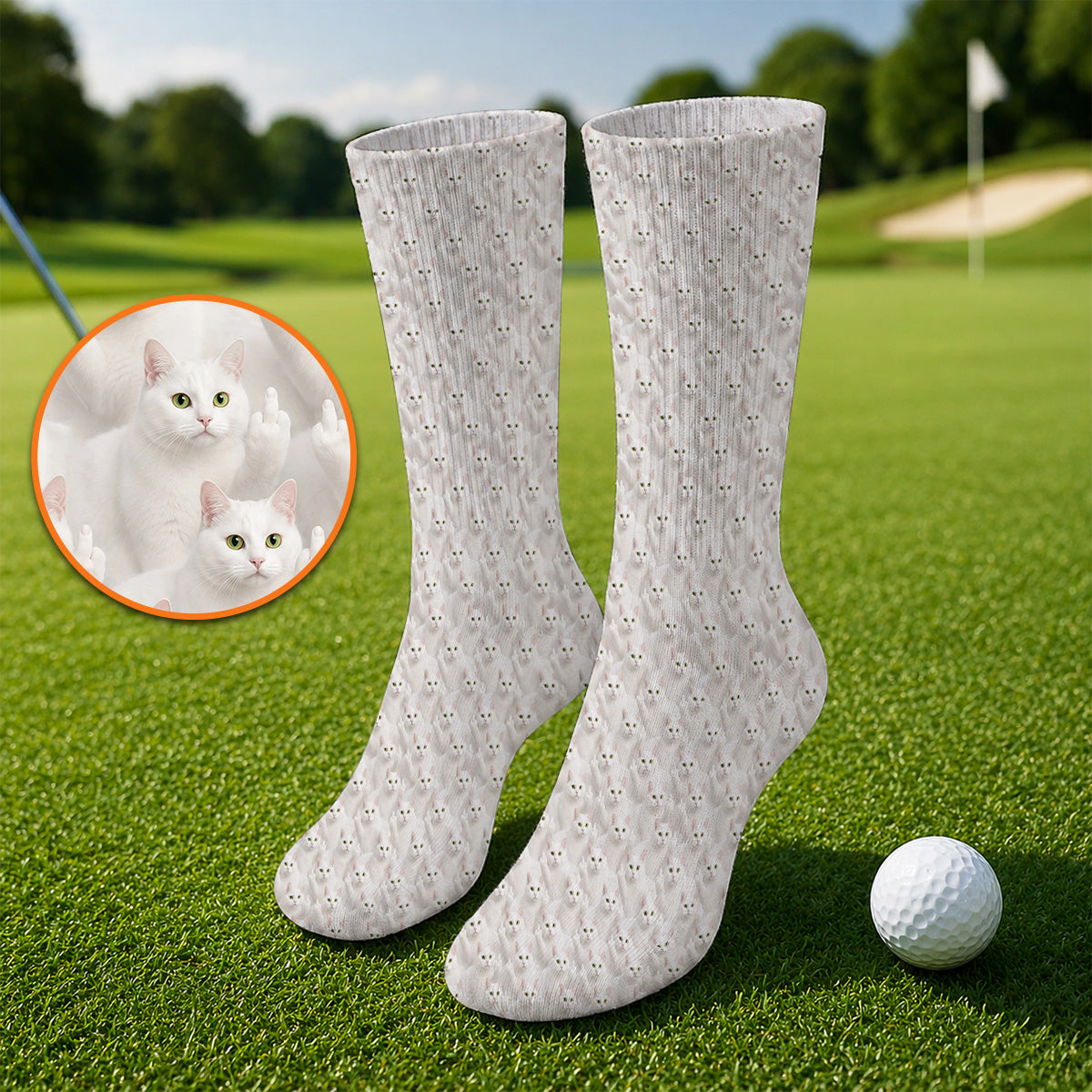 White Cat Pattern Golf Socks, Crazy Cat Lover Golf Sock, Funny Golf Gift For Cat Mom