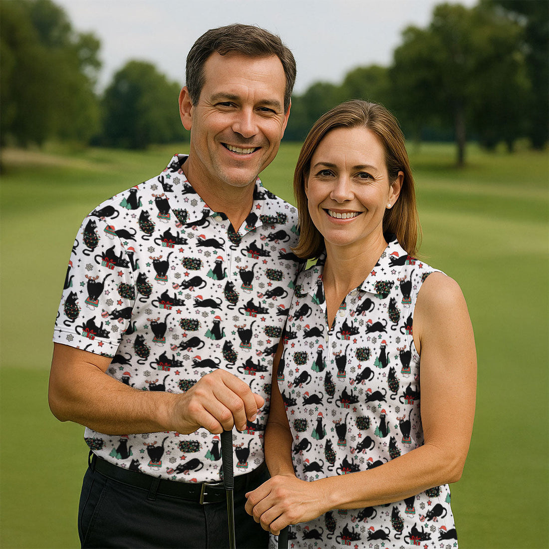 Xmas Black Cat Polo Shirts For Men, Christmas Golf Shirt, Golf Gift For Men, Christmas Golf Shirt