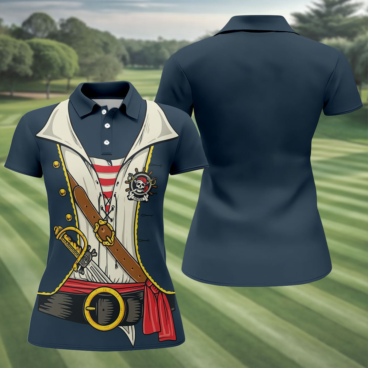 Funny Pirate Costume Hawaiian Golf Shirt, Women's Golf Tops, Ladies Golf Shirts