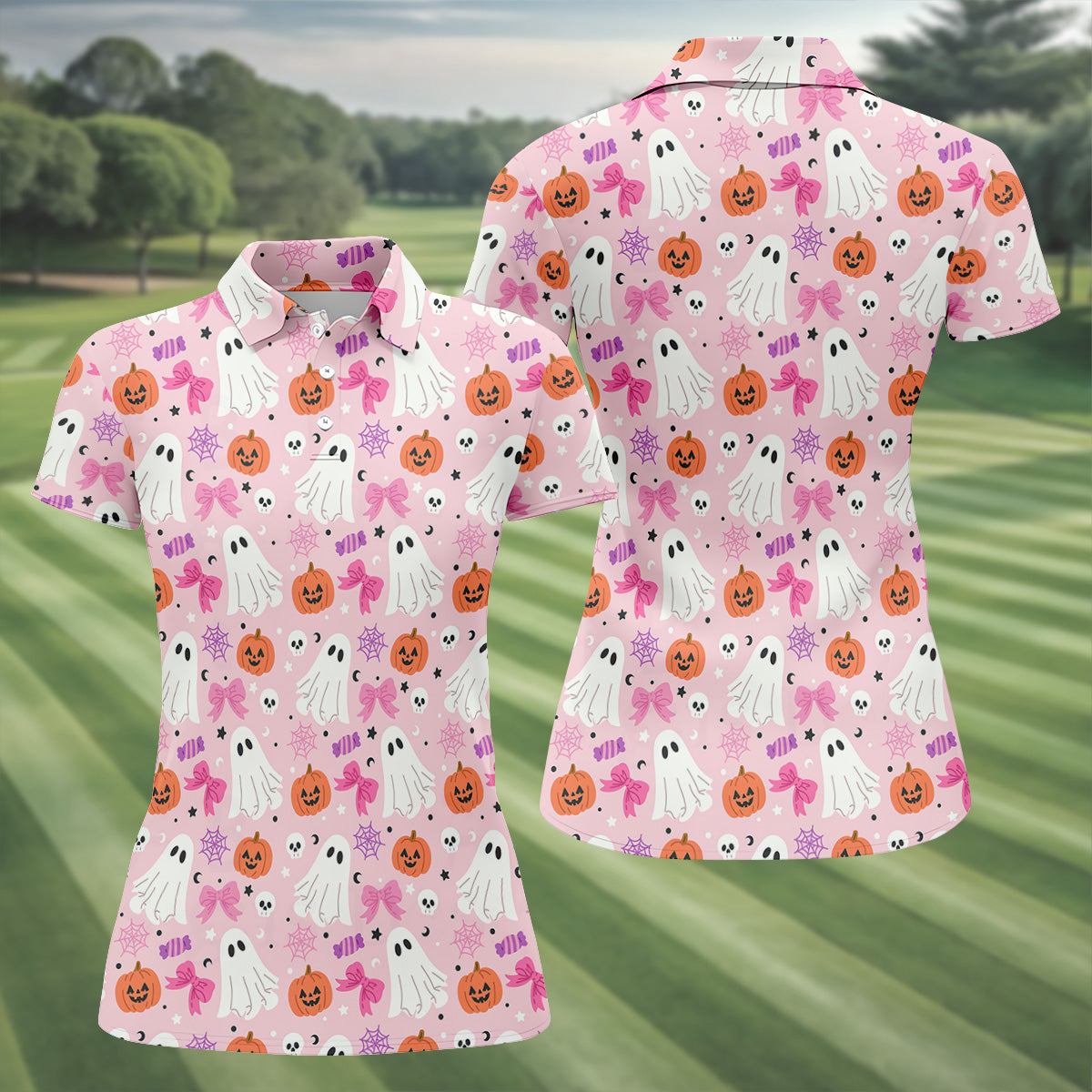 Ghost Coquette Candy Halloween Fun Women's Golf Shirts, Women's Golf Tops, Ladies Golf Shirts