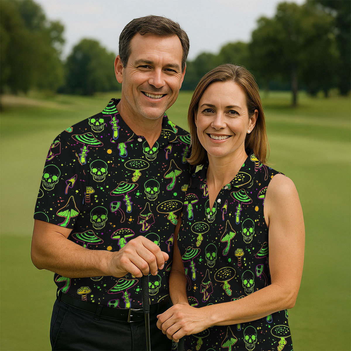 Mushroom And Skull Neon Pattern Hawaiian Golf Shirt, Men's Funny Golf Shirts