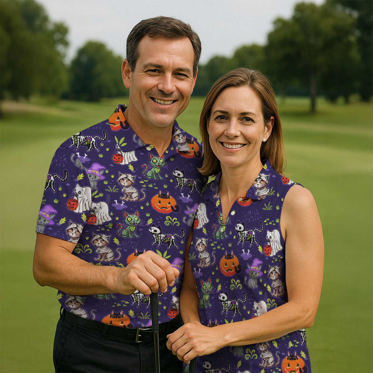 Purple Halloween Cats And Pumpkin Fun Women's Golf Shirts, Cute Golf Outfit, Ladies Golf Shirts