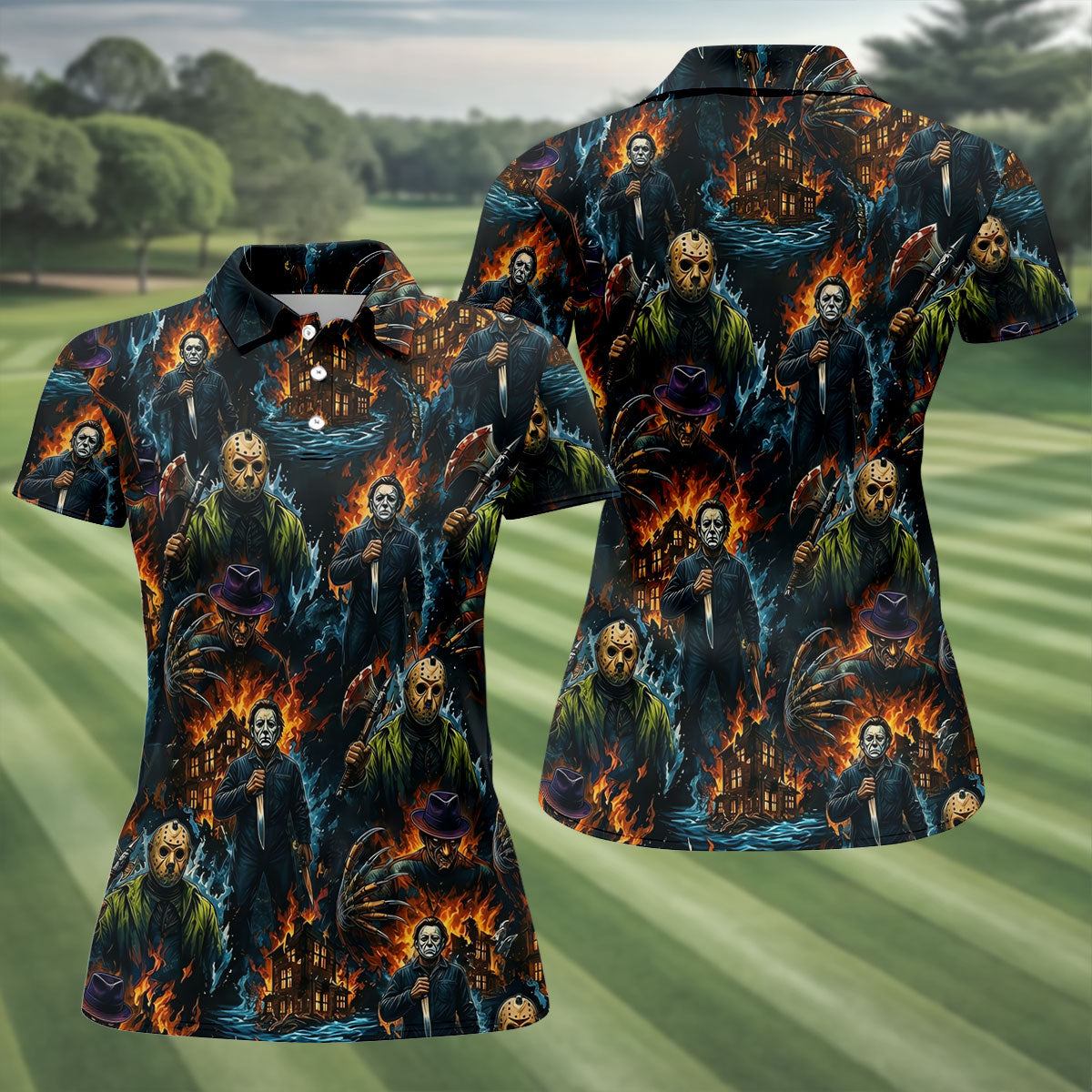 Horror Character Fire Collage Halloween Polo Shirt, Women’s Golf Polo, Golf Tops For Women