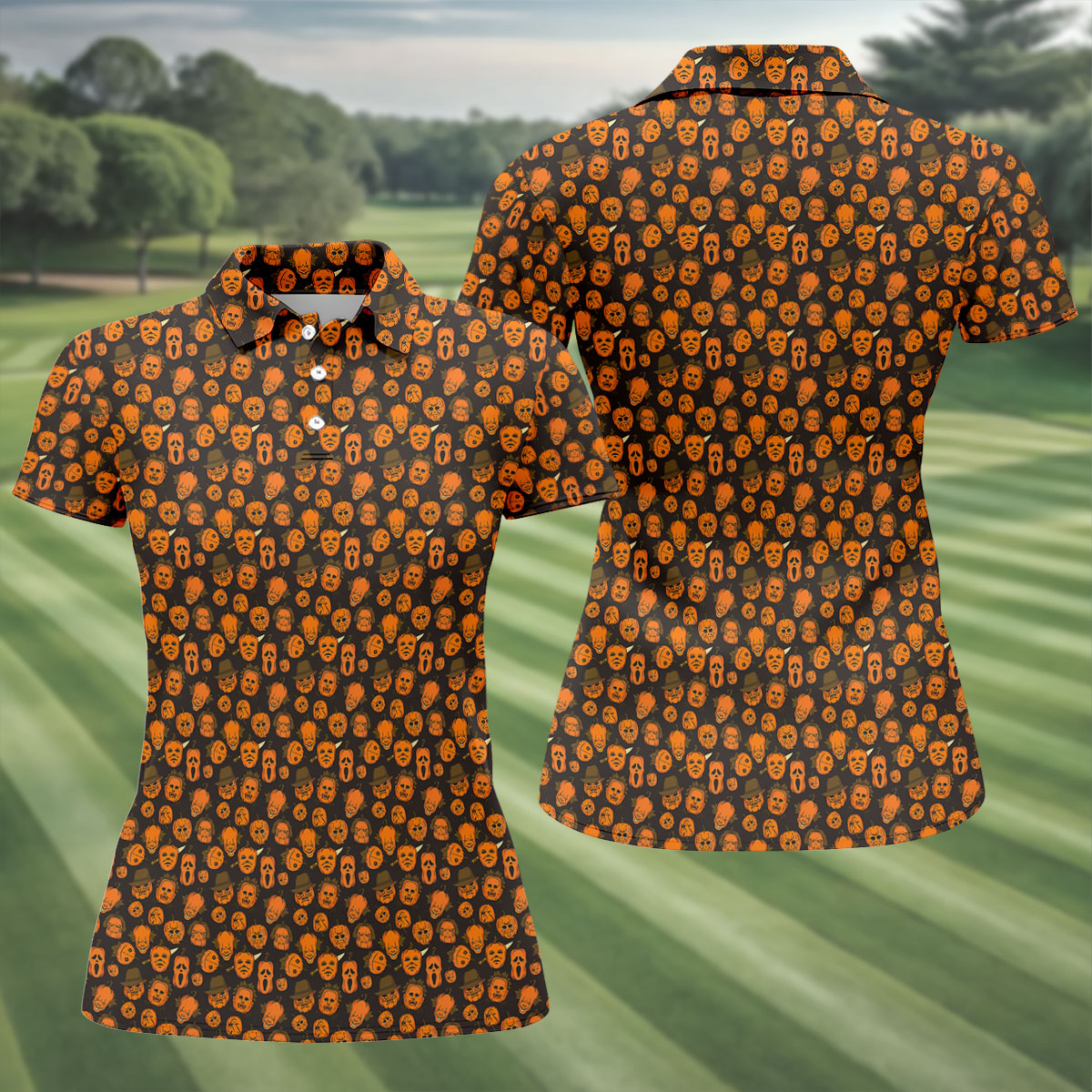 Halloween Horror Character Pumpkin Pattern Golf Shirt, Women’s Golf Polo, Printed Golf Shirt