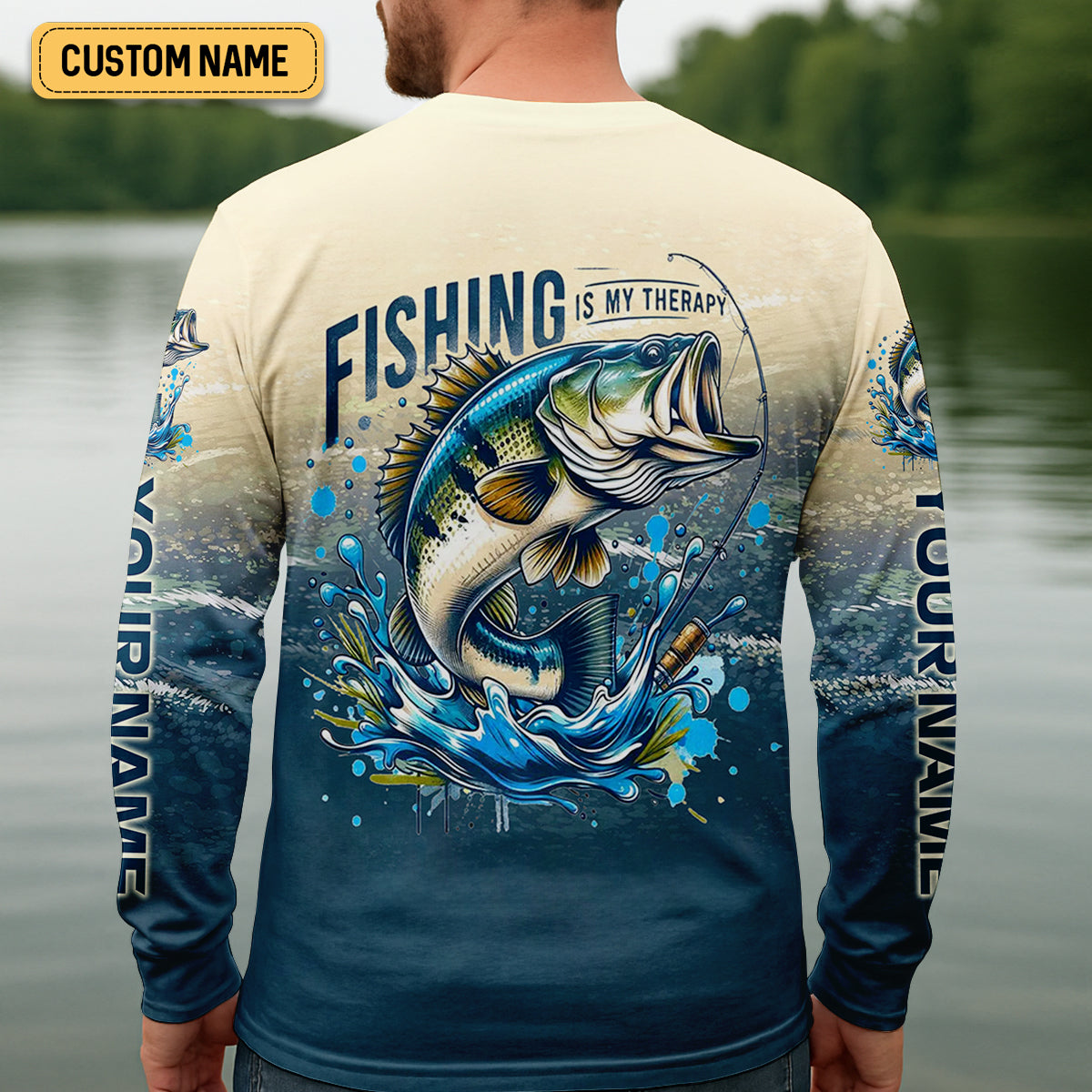 Fishing Is My Therapy Navy And Beige Fishing UPF Shirts, Gift For Fisherman, Fishing Shirts For Men