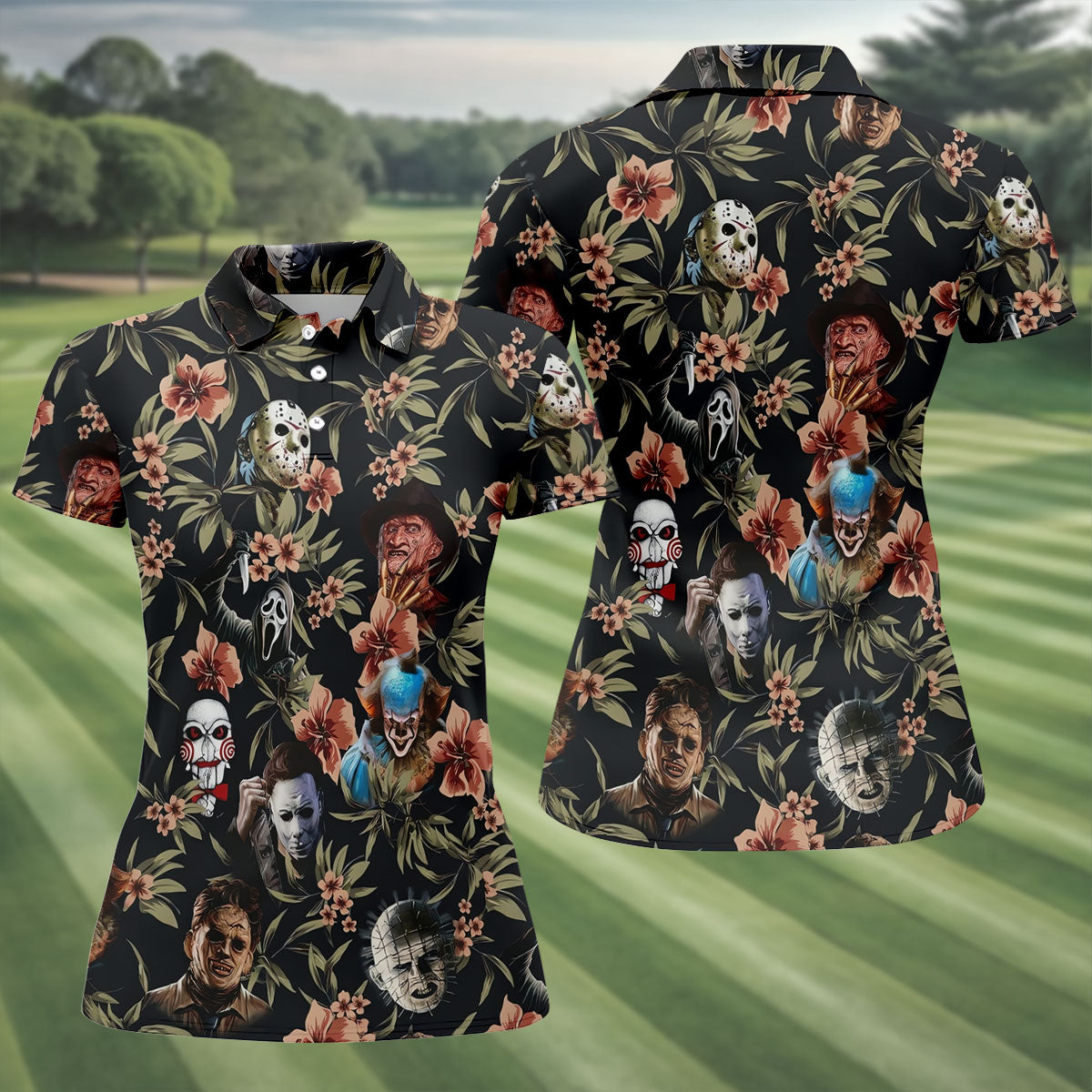 Dark Floral Horror Character Halloween Golf Shirt, Women’s Golf Polo, Printed Golf Shirt