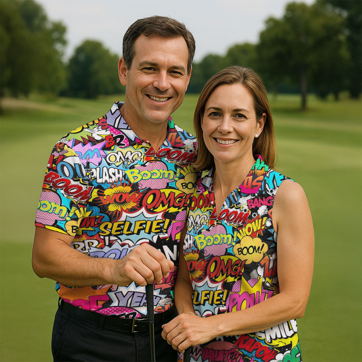 Comic Pop Art Golf Shirt, Retro Speech Bubble Pattern, Polo Shirts For Men