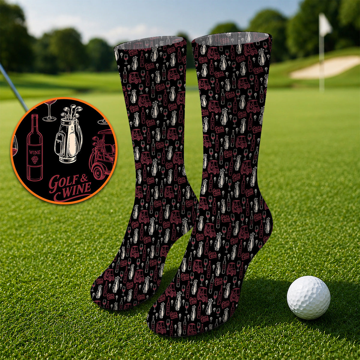 Funny Golf & Wine Pattern Golf Socks, Funny Golf Sock For Wine Lover, Golf Gift For Golfer