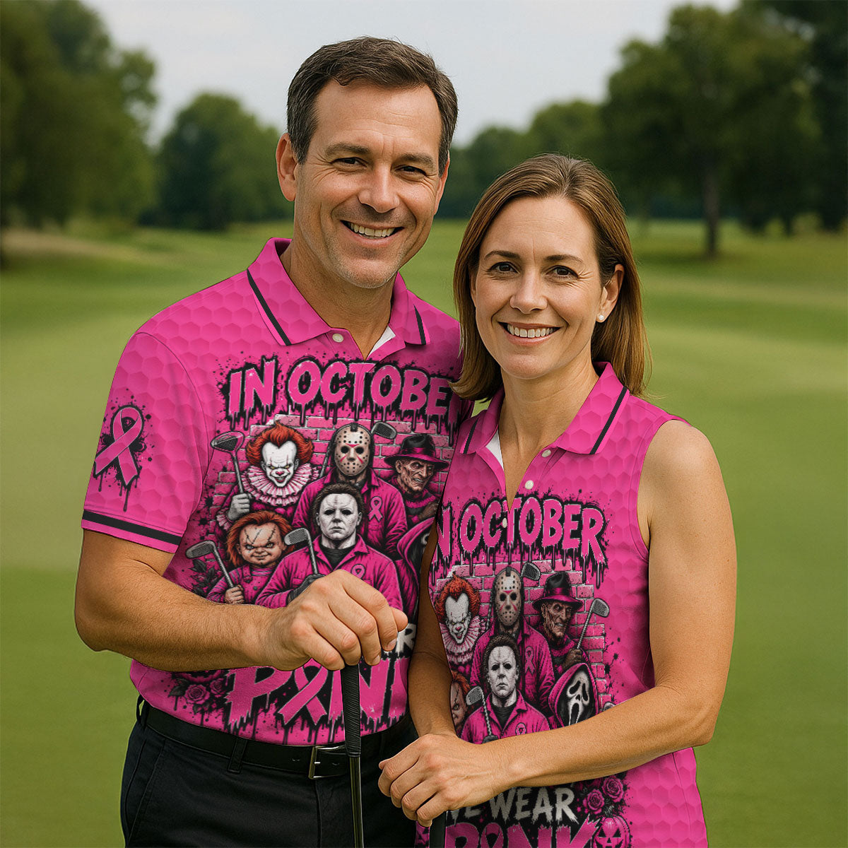 Horror Fights Together Pink Ribbon Polo Shirt, Golf Shirts For Men, Polo Shirts For Men