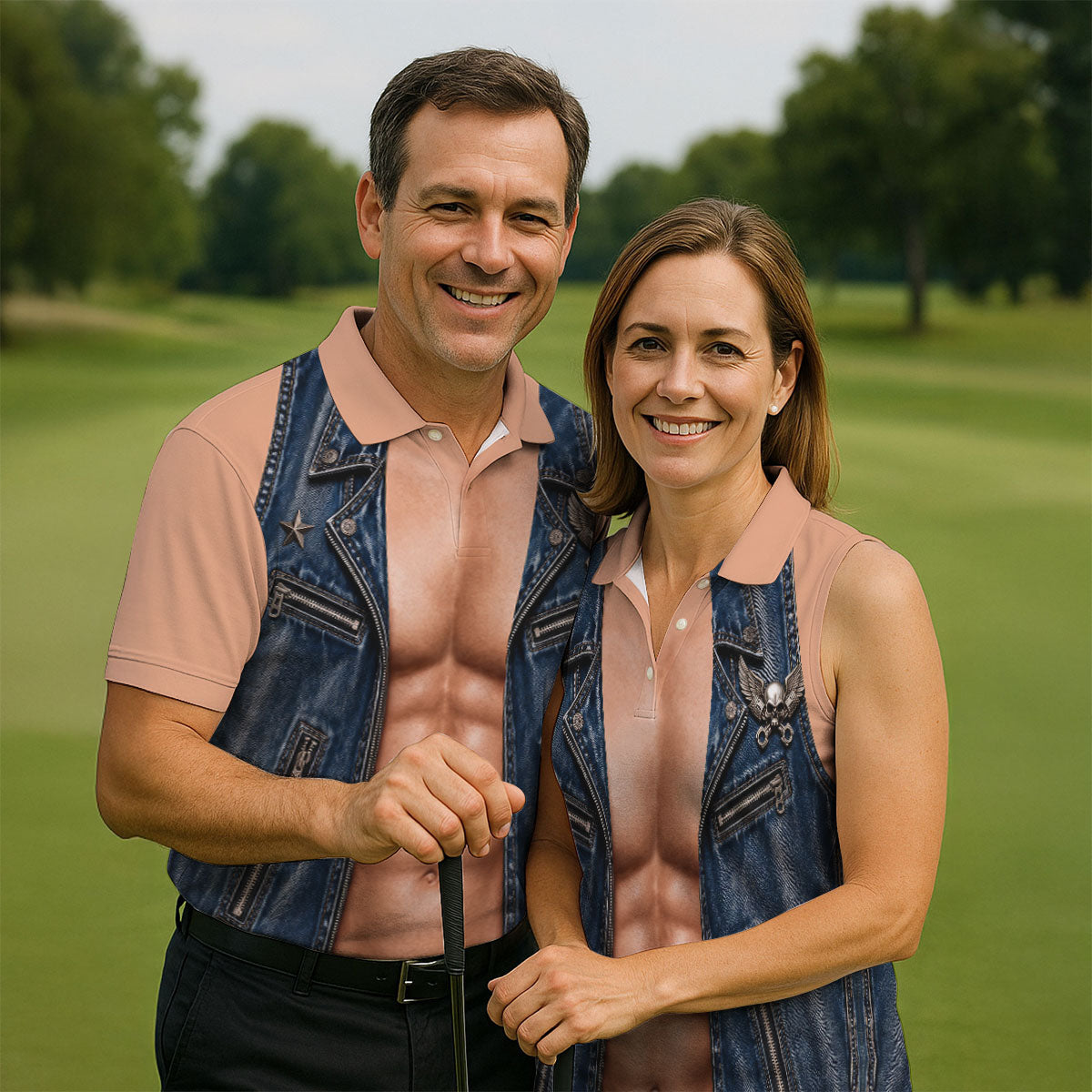 Blue Denim Vest Illusion Golf Polo Shirt, Golf Shirts For Men, Mens Golf Apparel