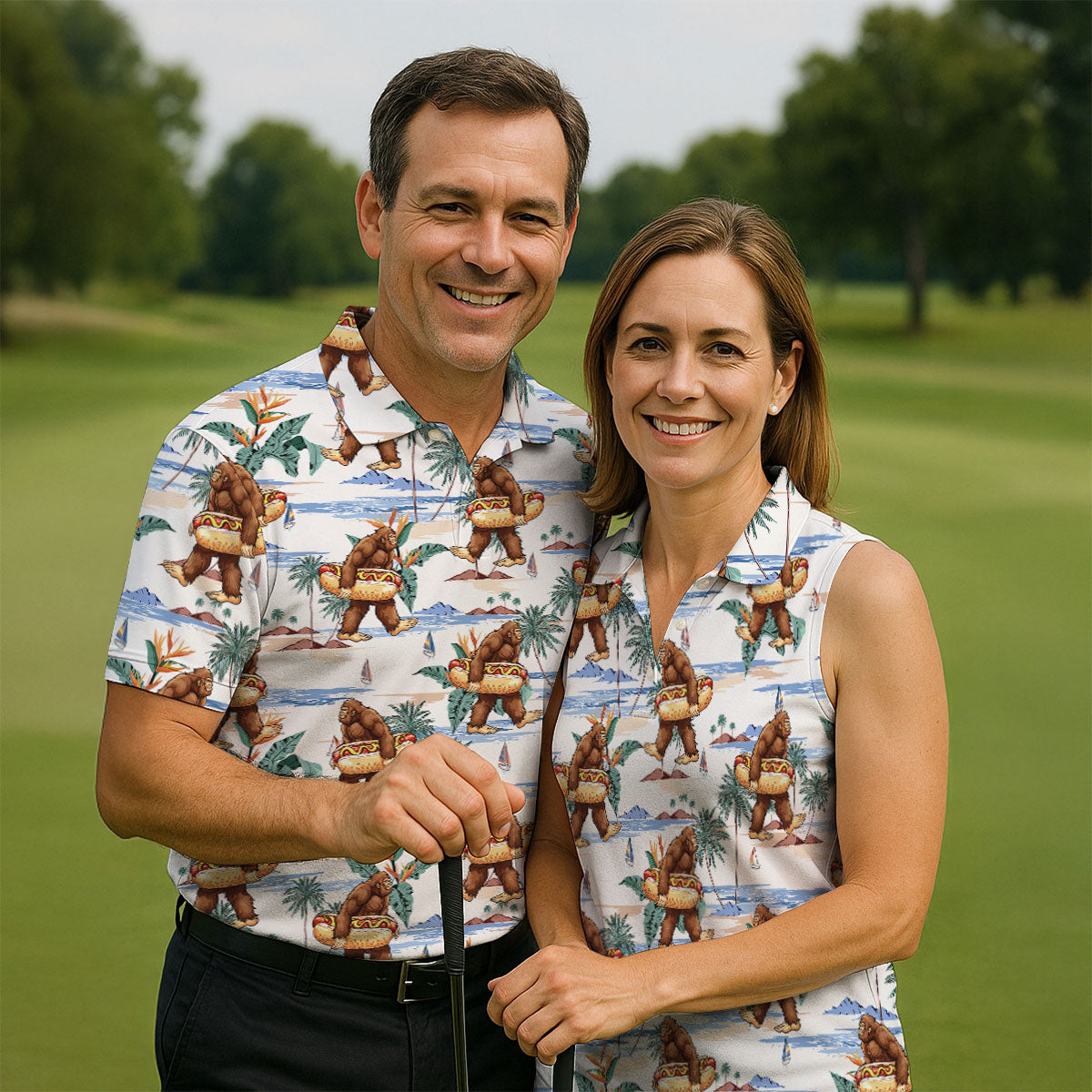 Funny Bigfoot Carrying Hot Dog Float Beach Golf Polo Shirt, Hawaiian Golf Shirt, Golf Apparel For Men