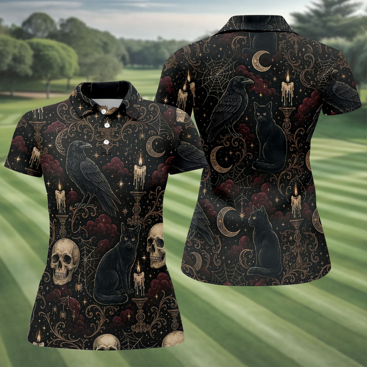 Gothic Raven Black Cat Skull Halloween Polo Shirt, Golf Polo For Women, Ladies Golf Shirts