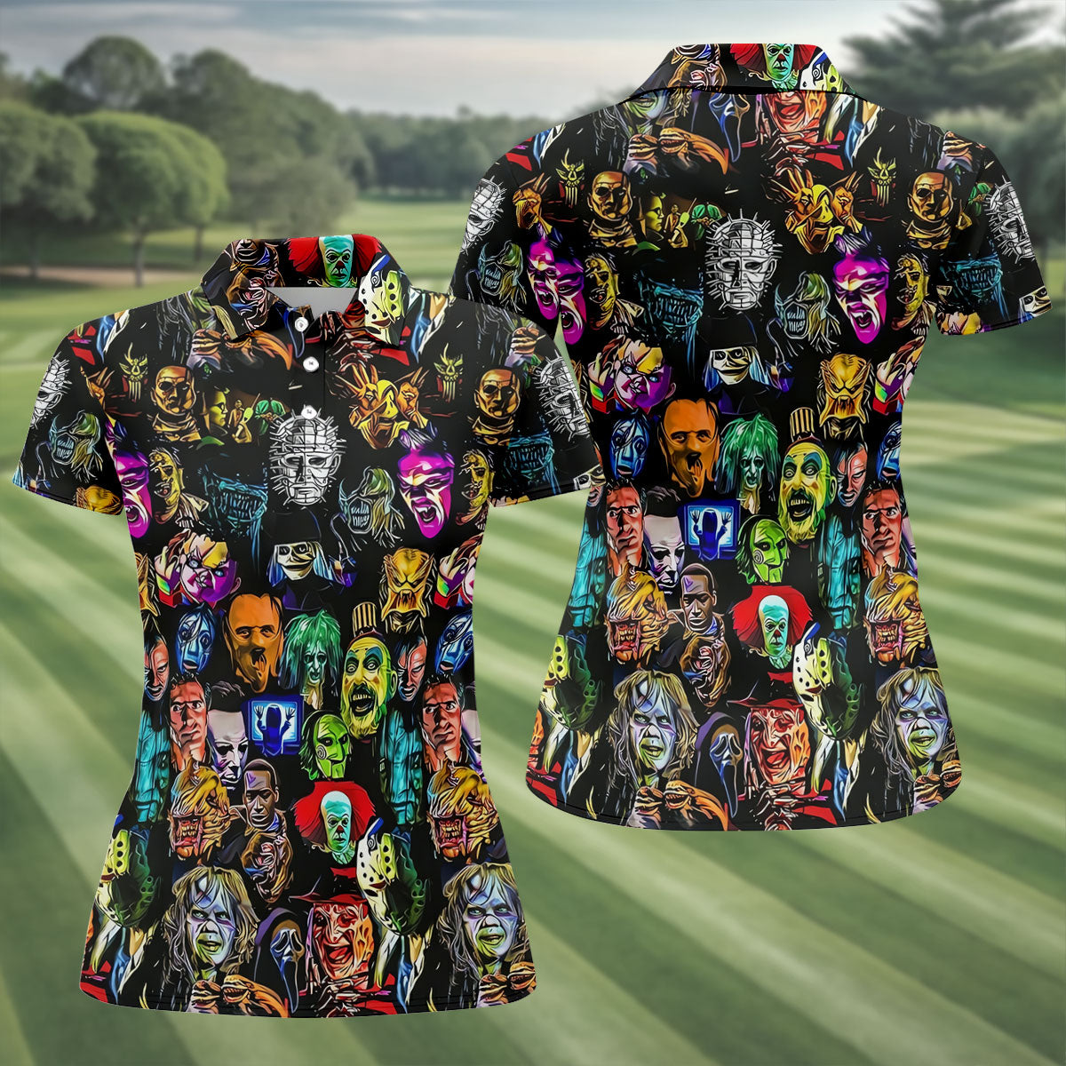 Halloween Horror Character Hawaiian Golf Shirt, Women’s Golf Polo, Golf Shirts For Women