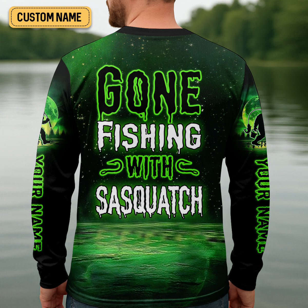 Gone Fishing With Sasquatch Neon Green Color Funny Fishing Shirt, SPF Shirt For Men, Presents For Fishermen