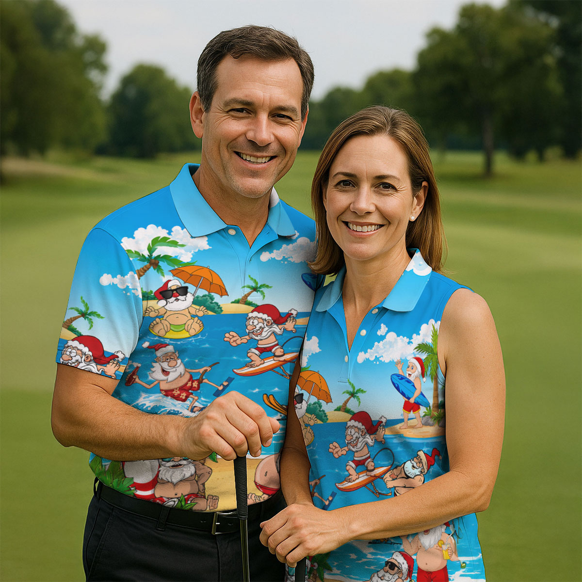 Santa Claus Summer Beach Party Golf Shirt, Mens Golf Polo, Printed Golf Shirts