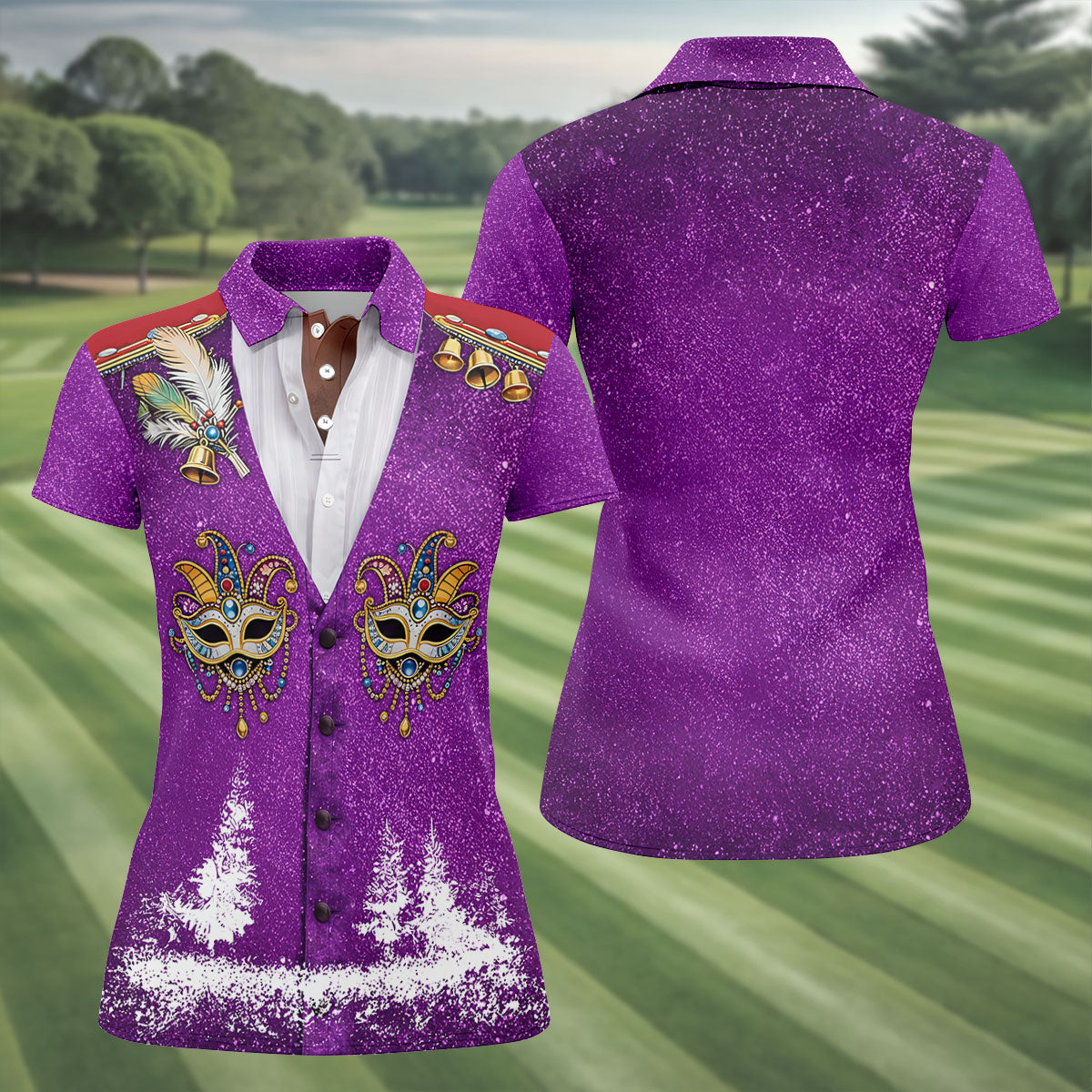 Masquerade Mask Feather Mardi Gras Glitter Print Purple Golf Shirt, Women's Golf Tops, Ladies Golf Shirts