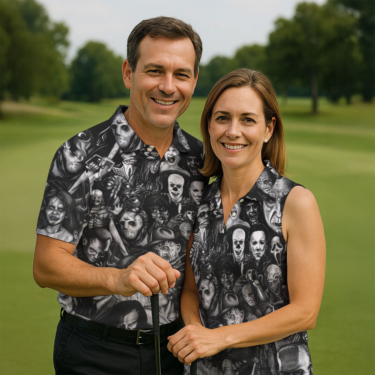 Classic Horror Characters Black And White Golf Polo, Golf Shirt For Women, Halloween Golf Shirt