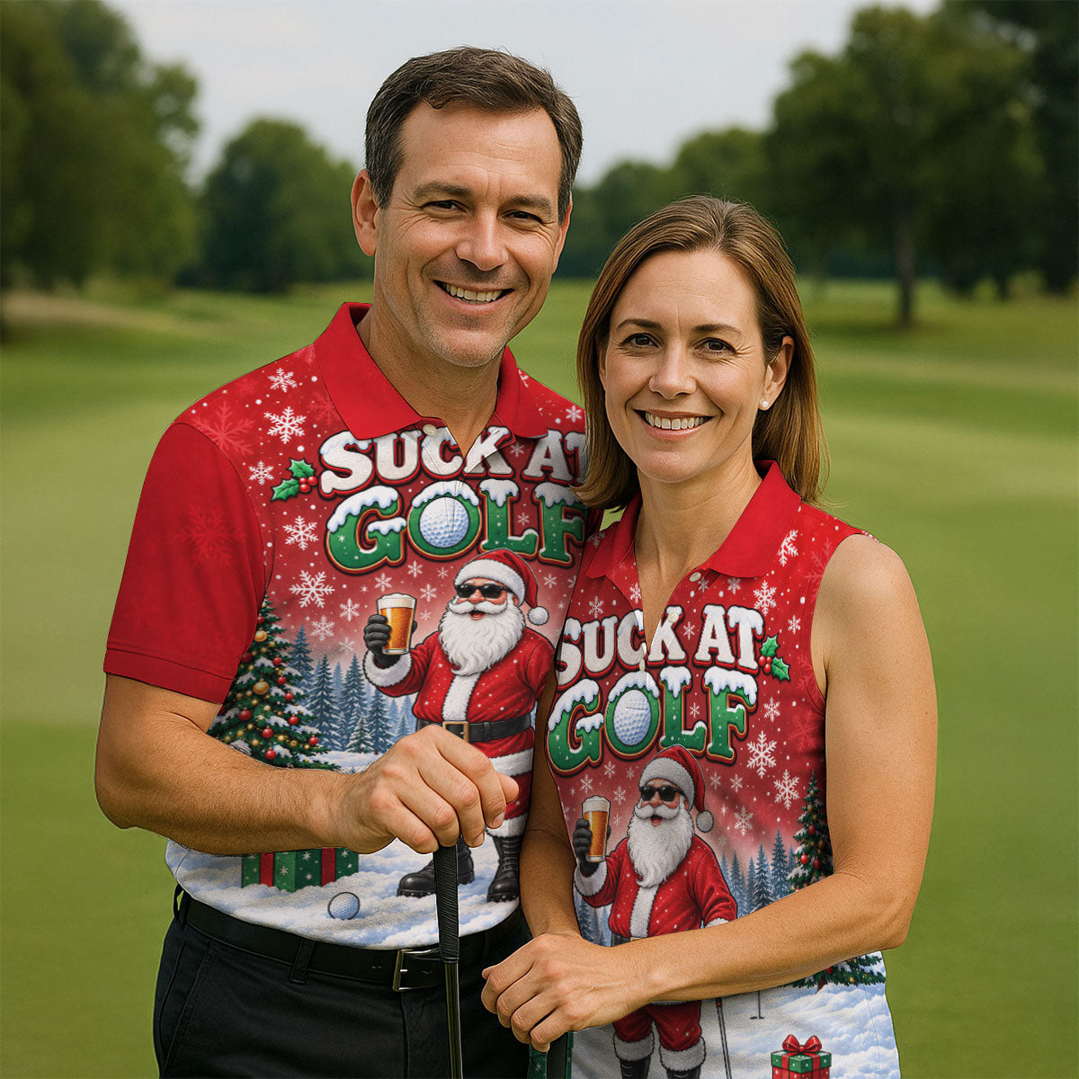 Suck At Golf Santa Beer Christmas Golf Shirt, Ladies Golf Shirts, Golf Tops For Women
