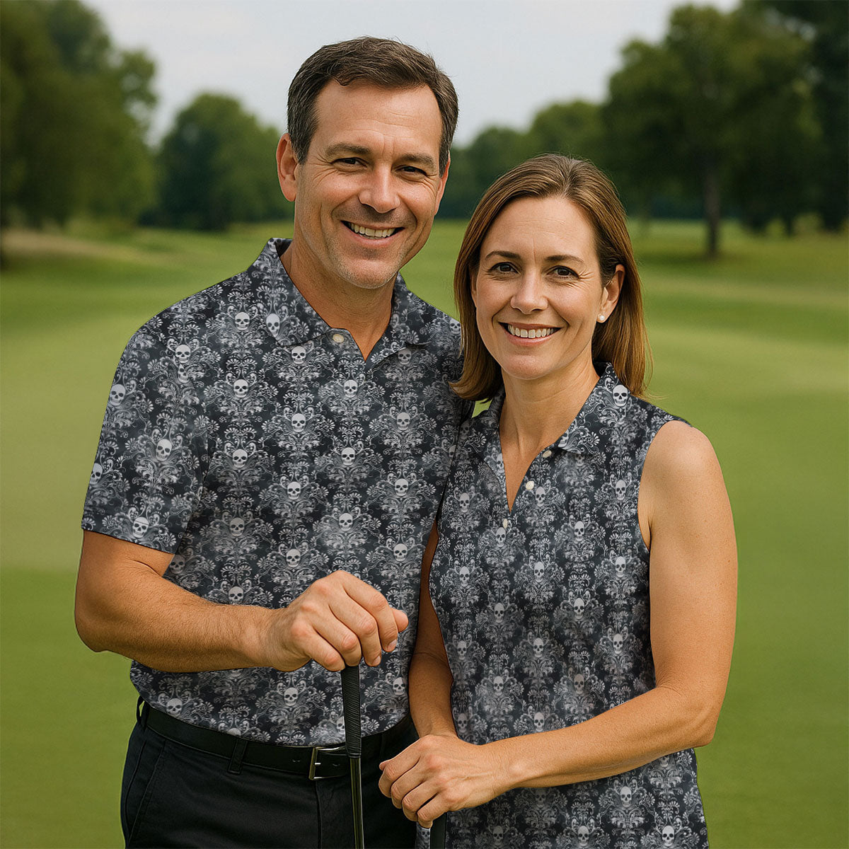 Skull Damask Charcoal Grey Gothic Floral Golf Tops For Men, Polo ShirtFor Men, Golf Shirts For Men