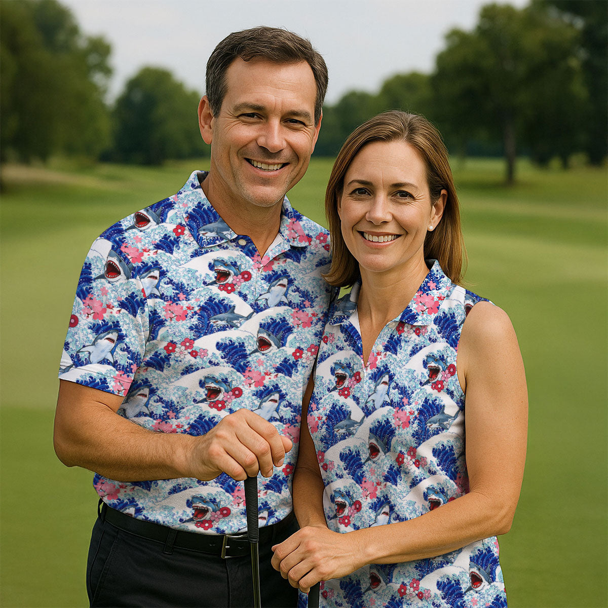 Japanese Shark Wave Sakura Golf Shirt, Mens Golf Polo, Printed Golf Shirts, Golf Apparel For Men