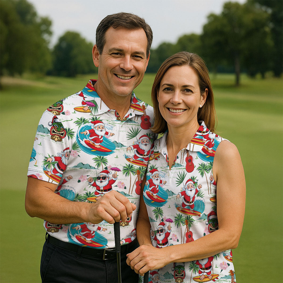 Tropical Christmas Surfing Santa Golf Polo Shirt, Mens Golf Polo, Golf Apparel For Men