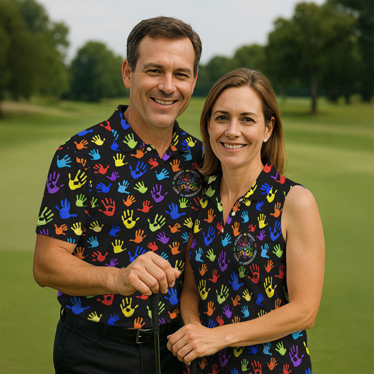 Accept Teach Understand Love Autism Awareness Colorful Handprint Black Golf Shirt, Golf Shirts For Men