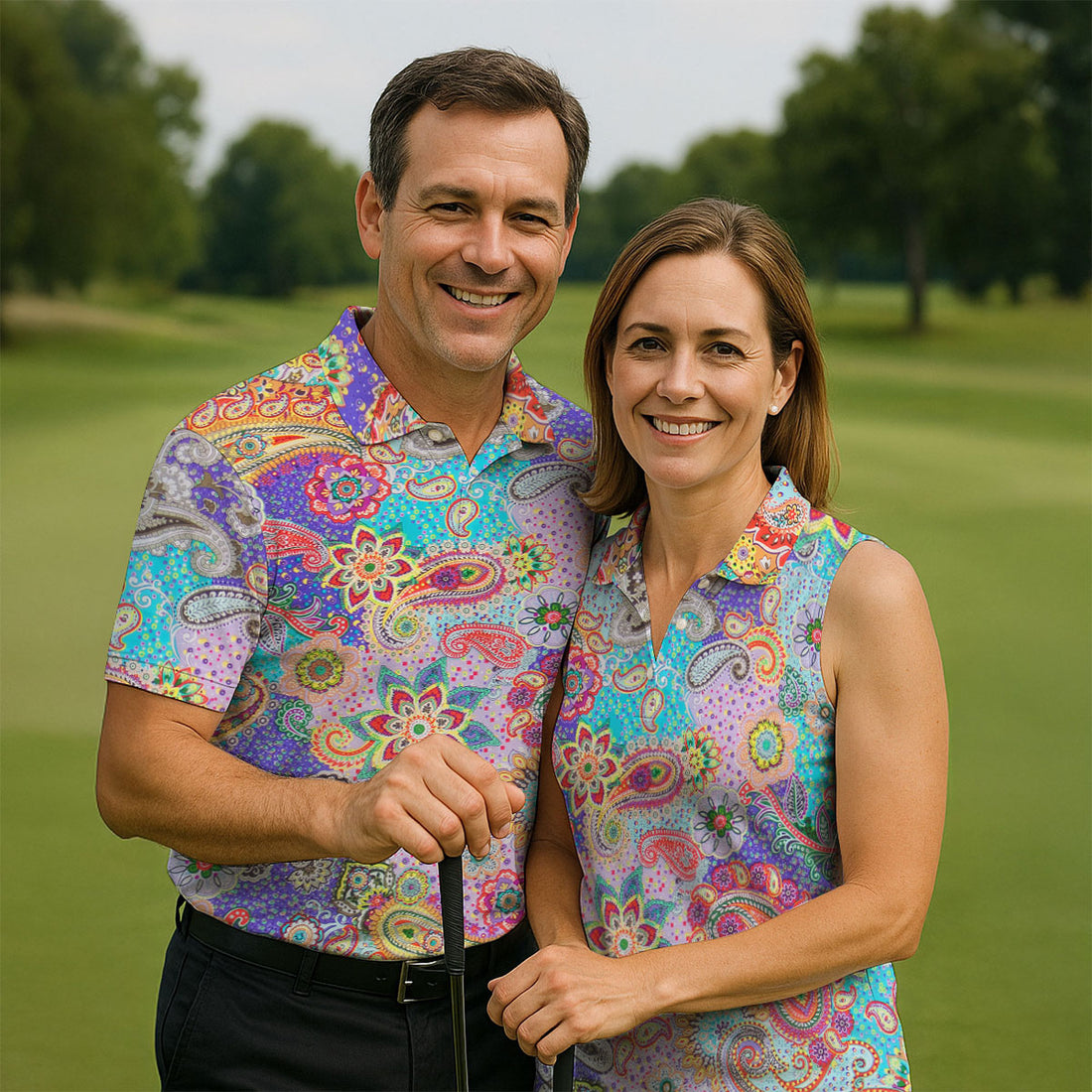 Vibrant Paisley Floral Patchwork Golf Polo Shirt, Hawaiian Golf Shirt, Mens Golf Polo