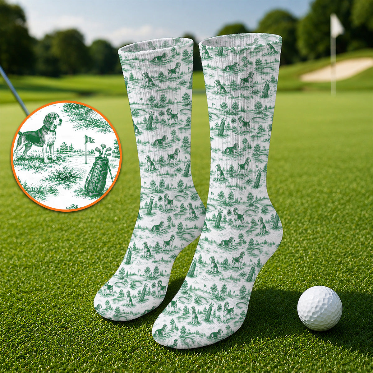 Beagle Toile De Jouy Golf Sock, Vintage Dog Pattern Golf Socks, Beagle Lover Golf Gift