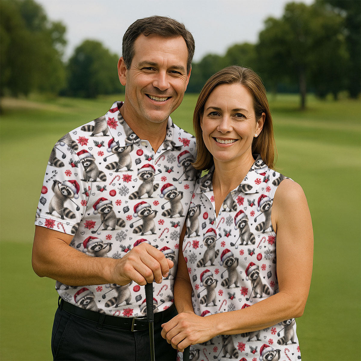 Christmas Raccoon Golfer Santa Hat Golf Polo Shirt, Mens Golf Shirts, Polo Shirts For Men