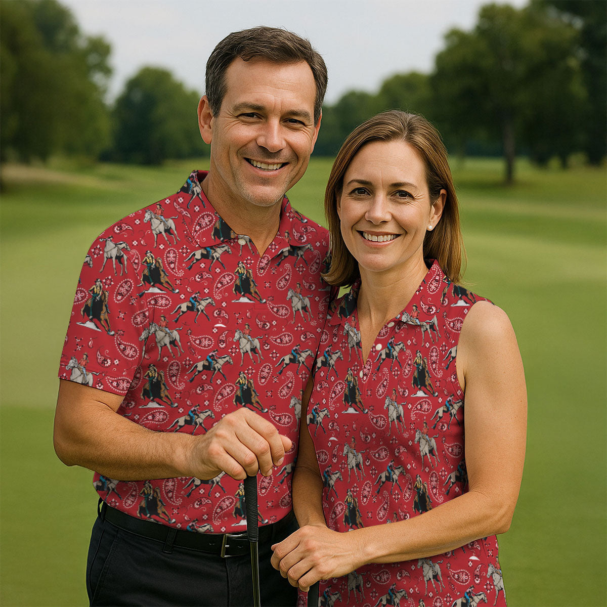 Red Cowboy Horse Paisley Pattern Golf Shirt, Mens Golf Polo, Golf Shirts For Men