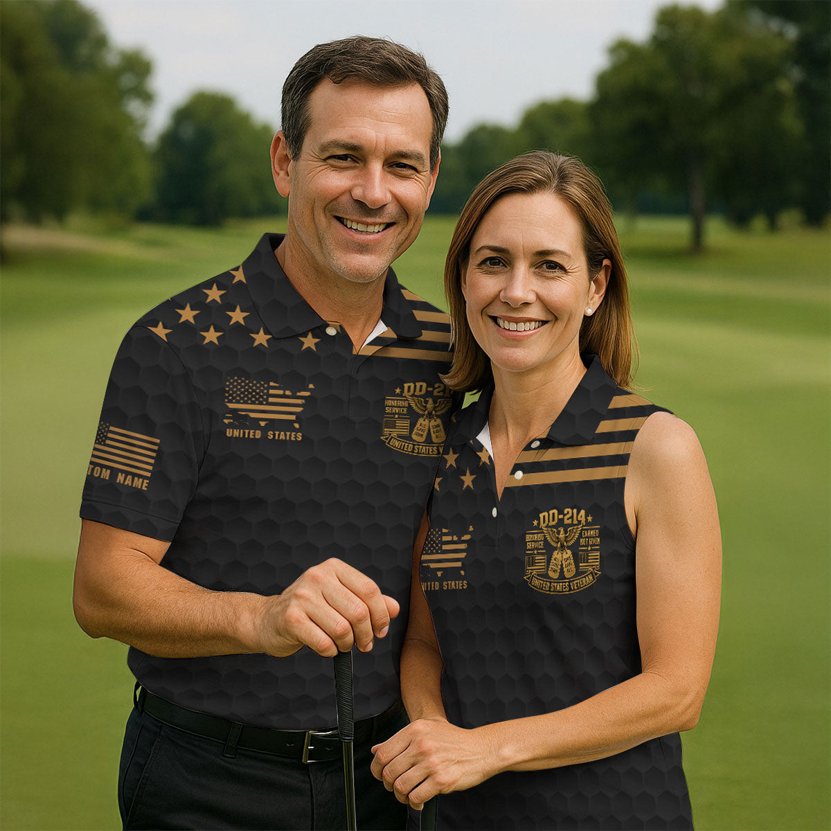 Custom Name Black Gold DD-214 Golf Polo Shirt, Veterans Day Shirt, Mens Golf Shirts