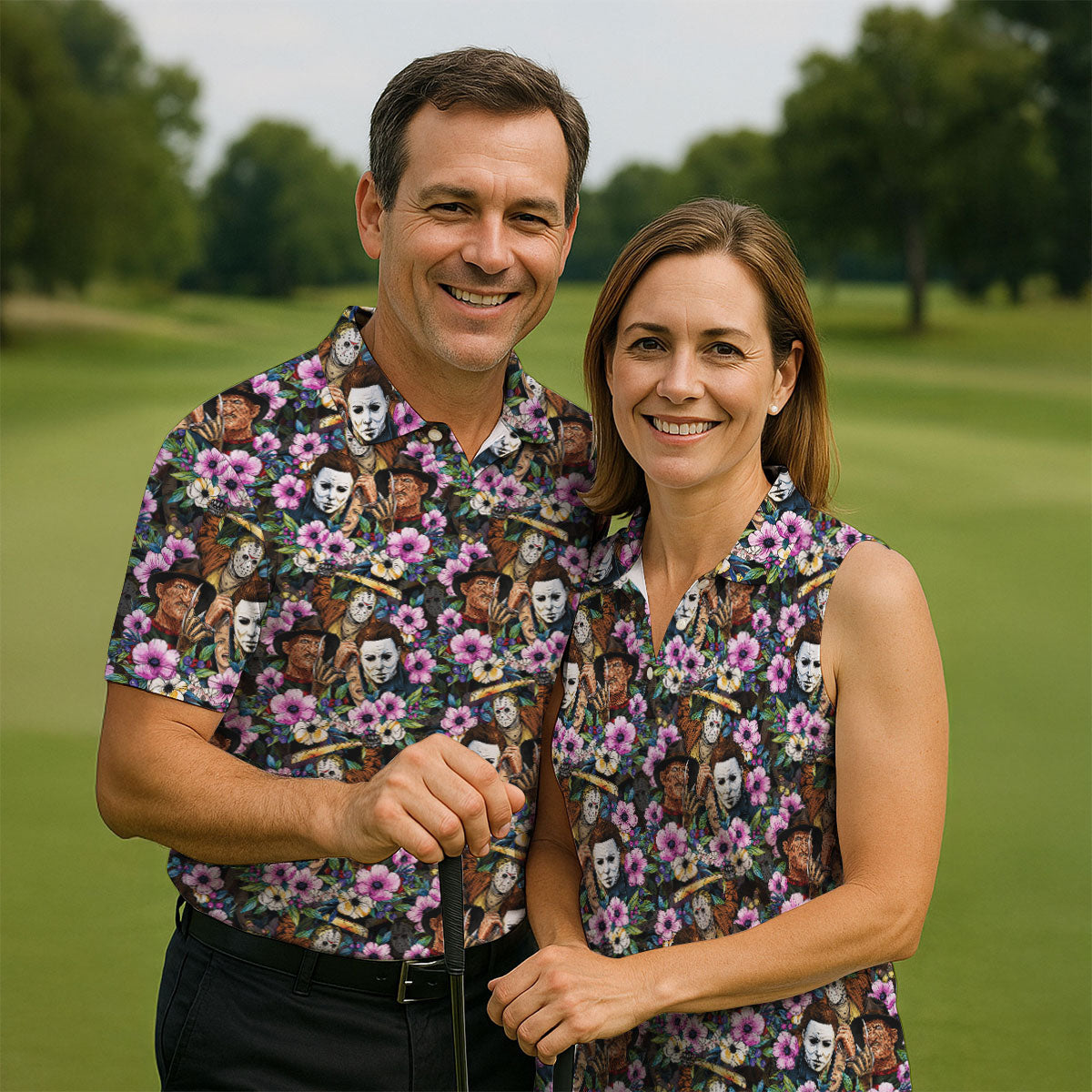 Floral Horror Character Halloween Golf Polo Shirt, Horror Movie Shirt, Women's Golf Polo