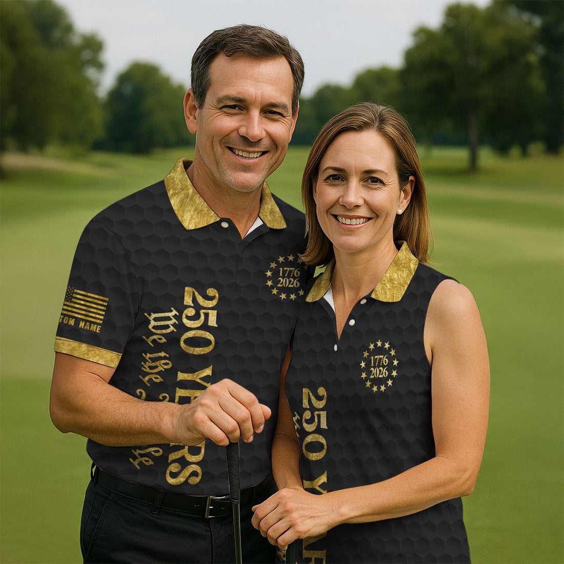We The People 250 Years Gold Textured Patriotic Golf Shirt, 4th Of July Golf Shirts For Men
