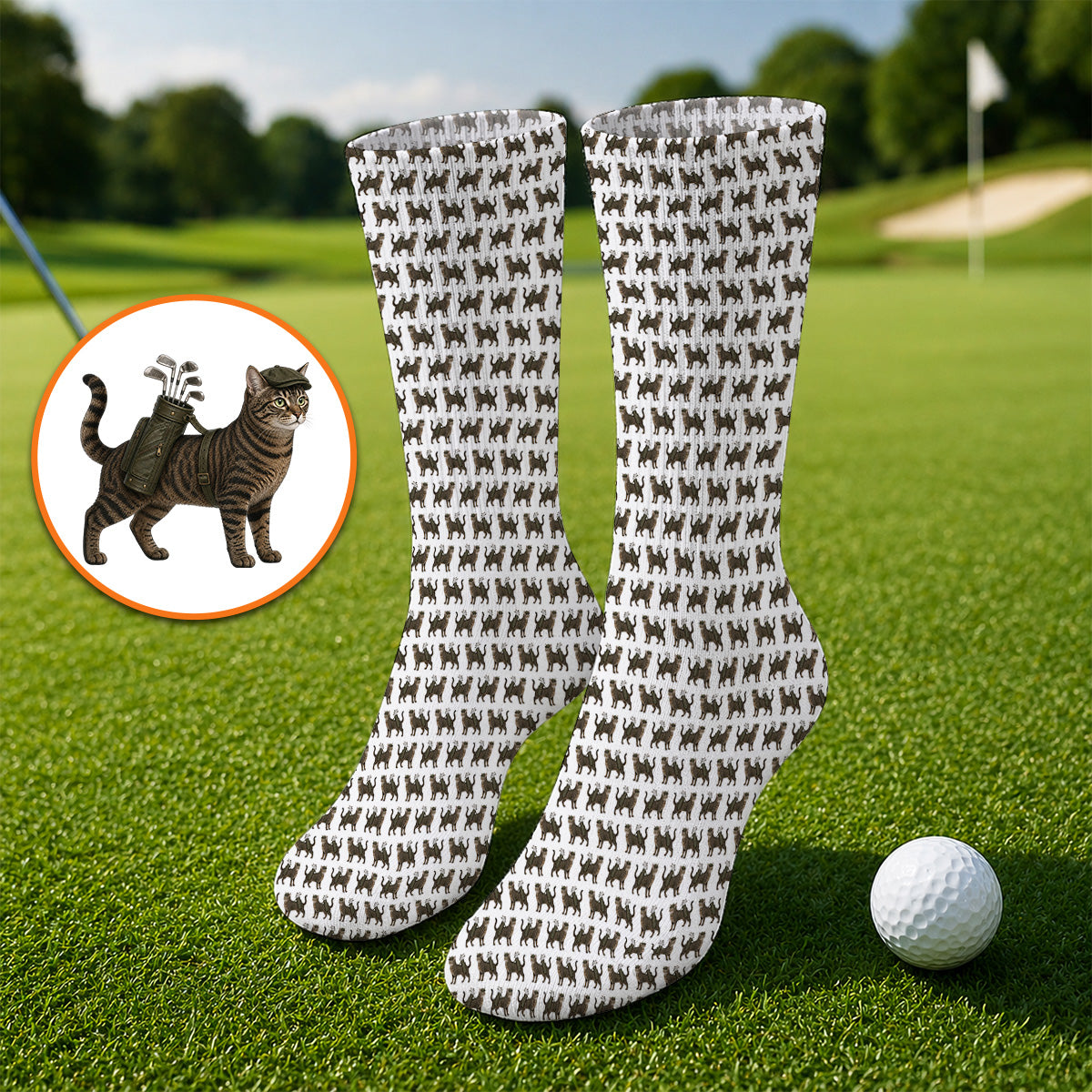Brown Tabby Cat Golf Sock, Funny Cat Pattern Socks, Cat Lover Golf Gift For Golfer