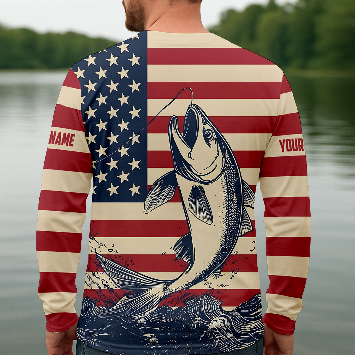 Personalized American Flag Fishing Shirt, Patriotic Bass Long Sleeve UPF For Men