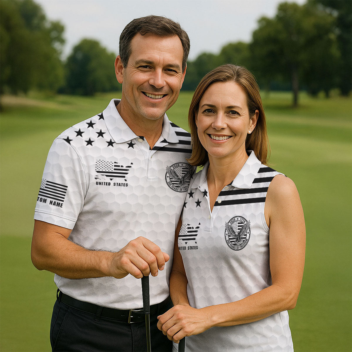 250 Years Of Freedom Golf Ball Pattern White Golf Shirt, 4th Of July Patriotic Golf Shirt For Women