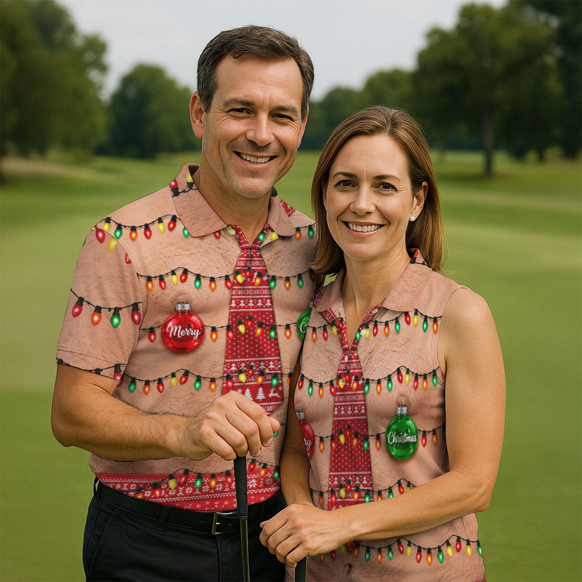 Funny Merry Christmas Lights Tie Polo Shirt, Printed Golf Shirts, Golf Shirts For Men