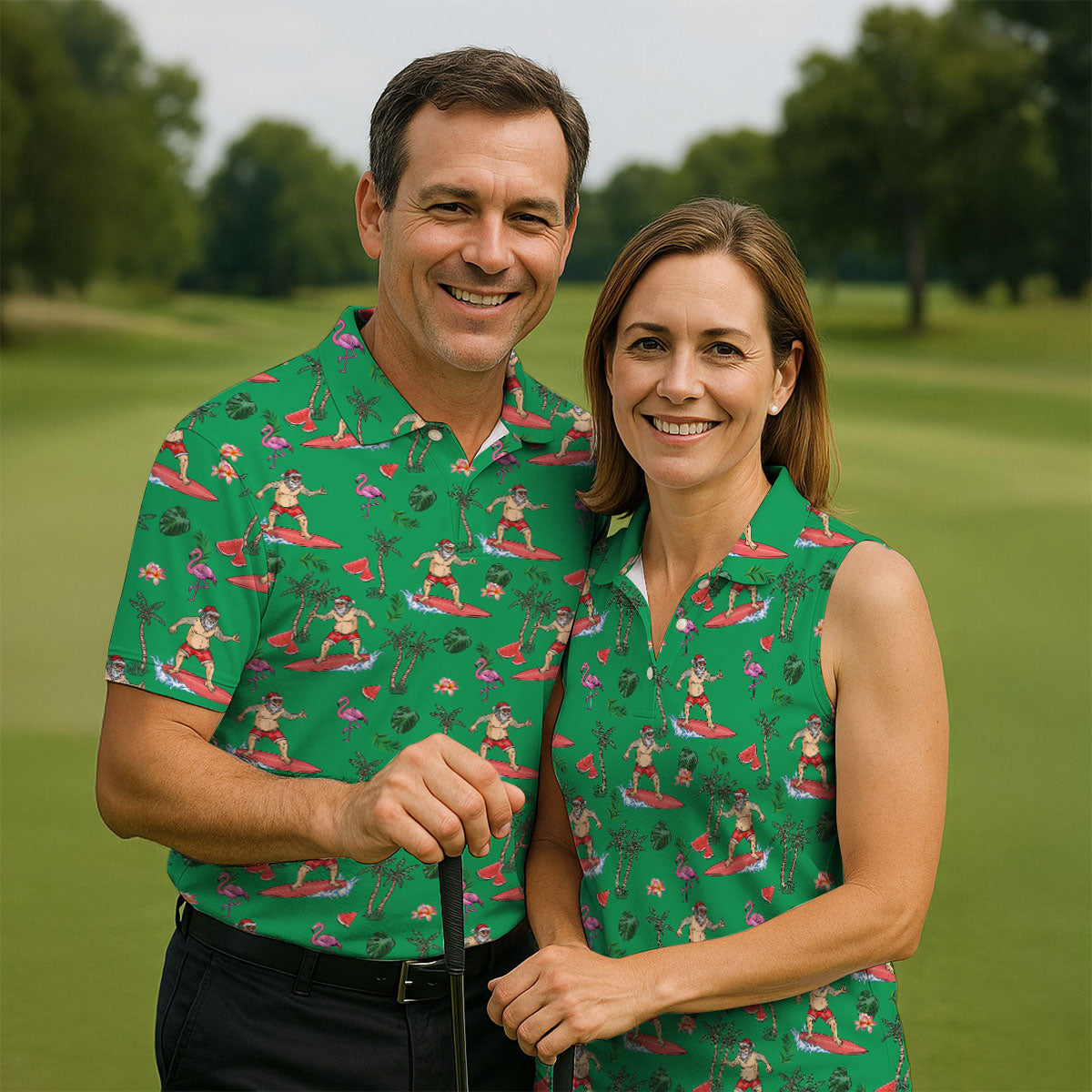 Surfing Santa Tropical Beach Golf Polo Shirt, Christmas Golf Shirt, Printed Golf Shirts, Golf Apparel For Men