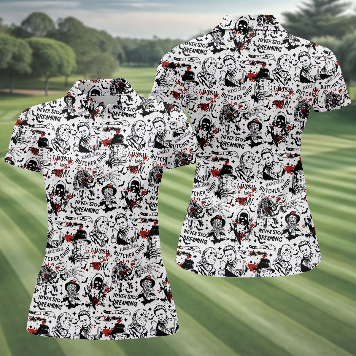 Classic Horror Character Collage Halloween Polo Shirt, Ladies Golf Shirt, Womens Golf Tops
