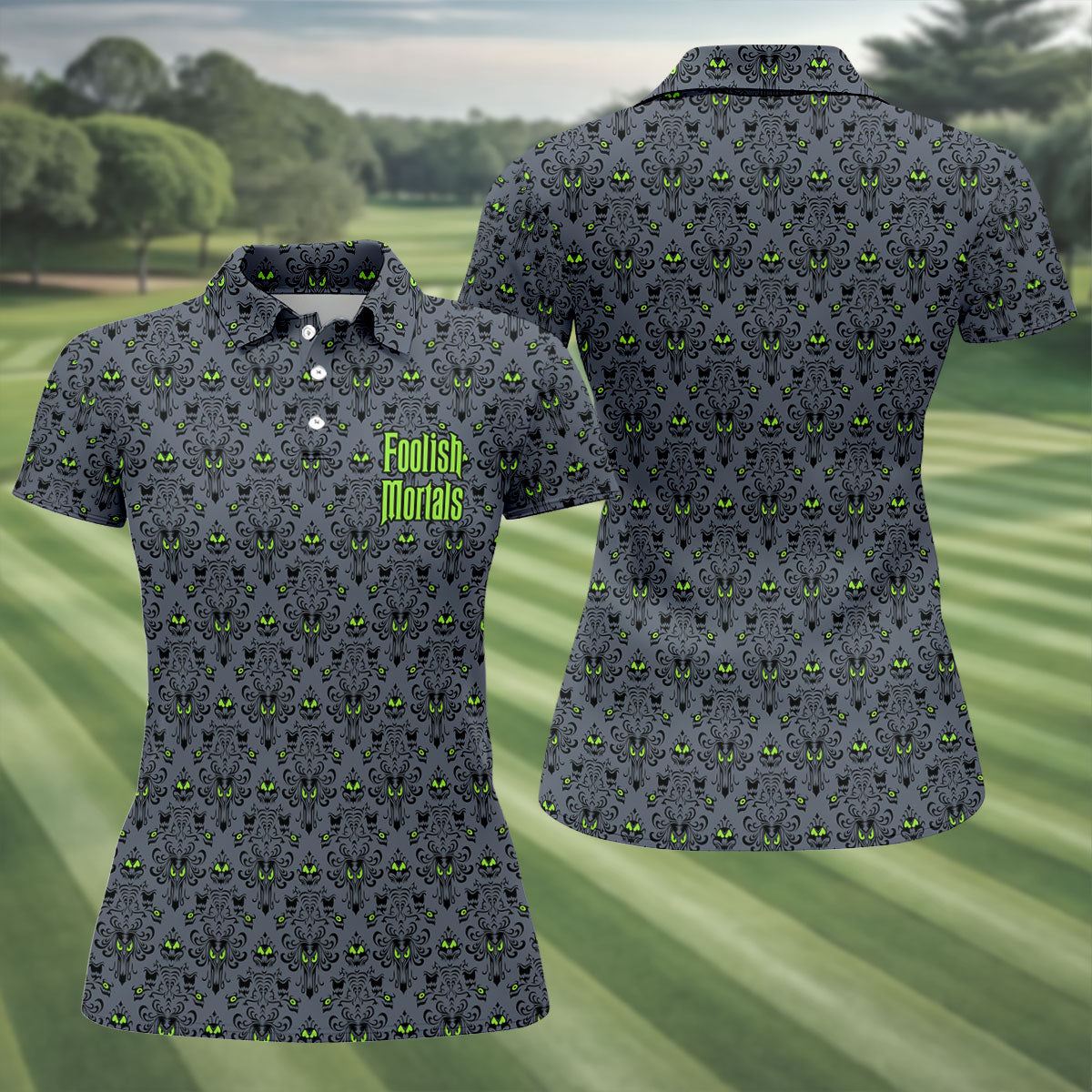 Foolish Mortals Haunted Halloween Polo Shirt, Printed Golf Shirt, Women’s Golf Apparel