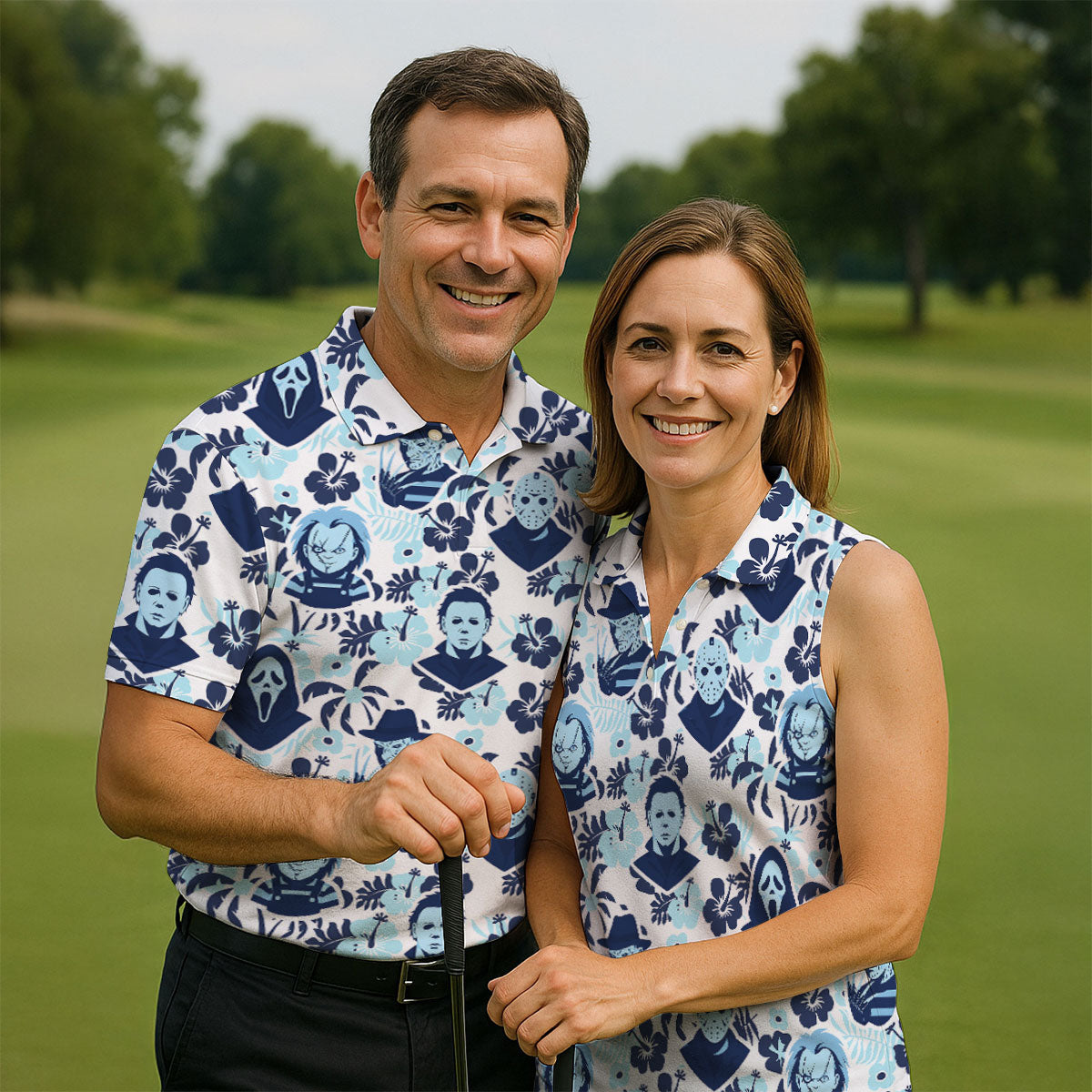Blue Tropical Horror Character Halloween Golf Shirt, Women's Golf Apparel, Printed Golf Shirt
