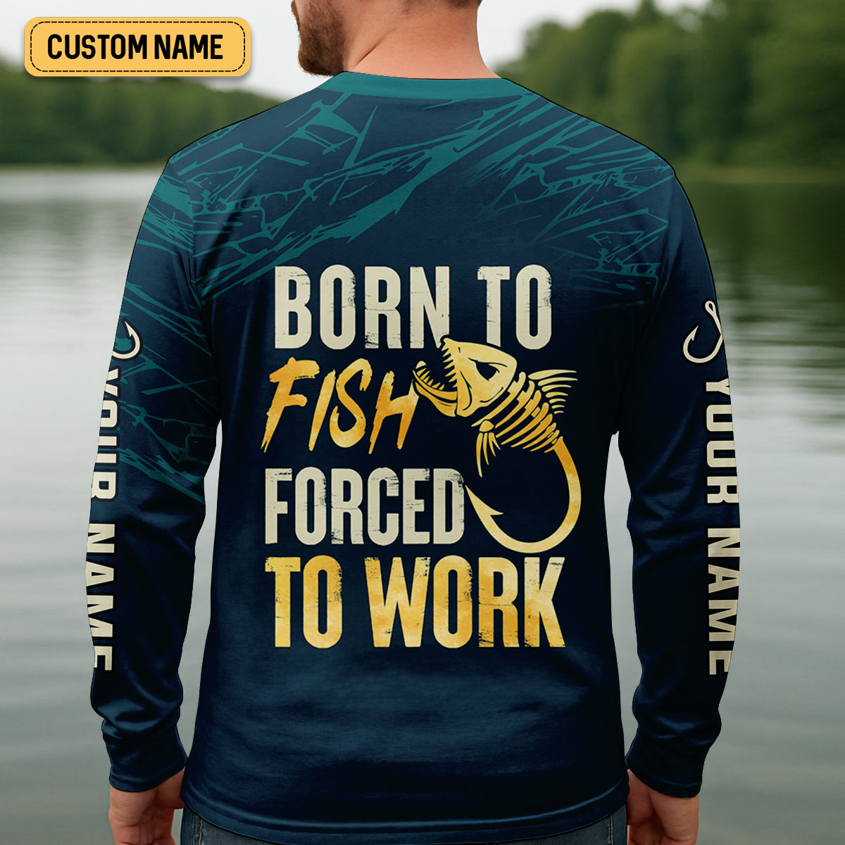Born To Fish Forced To Work Funny Skeleton Fishing UPF Shirts, Presents For Fishermen, Men's Fishing Shirt