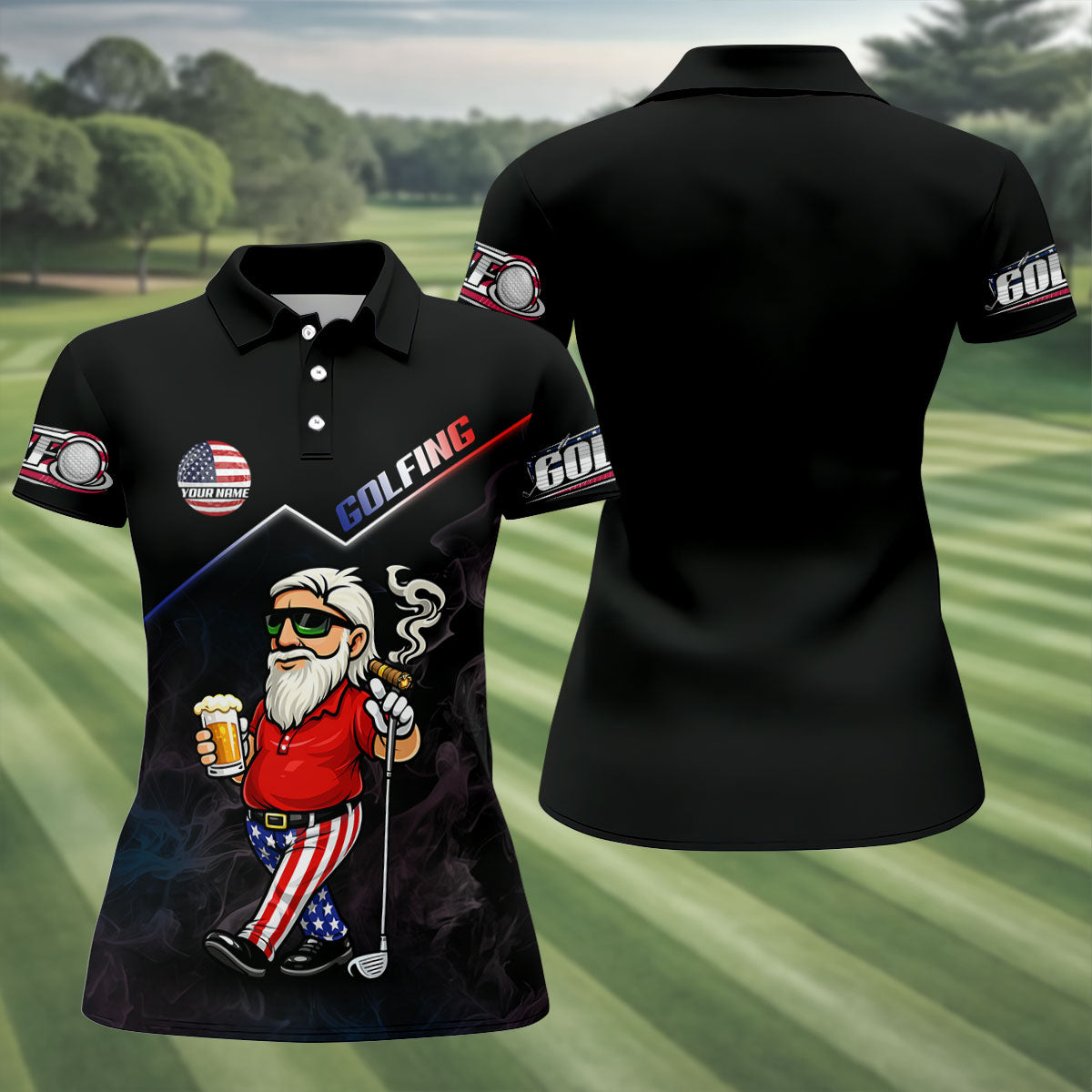 Patriotic Man Golf And Beer Custom Name Funny 4th Of July Golf Shirt, 250th Anniversary Golf Shirt For Women
